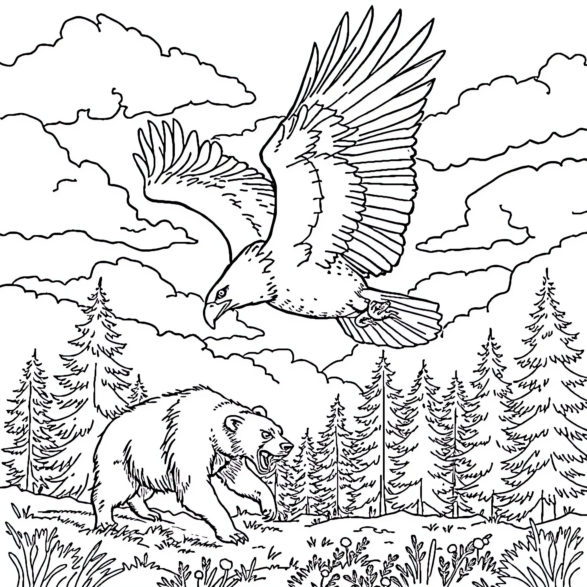 Bald Eagle soaring over a forest landscape Coloring Page (free black-and-white line drawing printable PDF for all, from beginners to advanced learners, including children, teens, adults, and seniors)