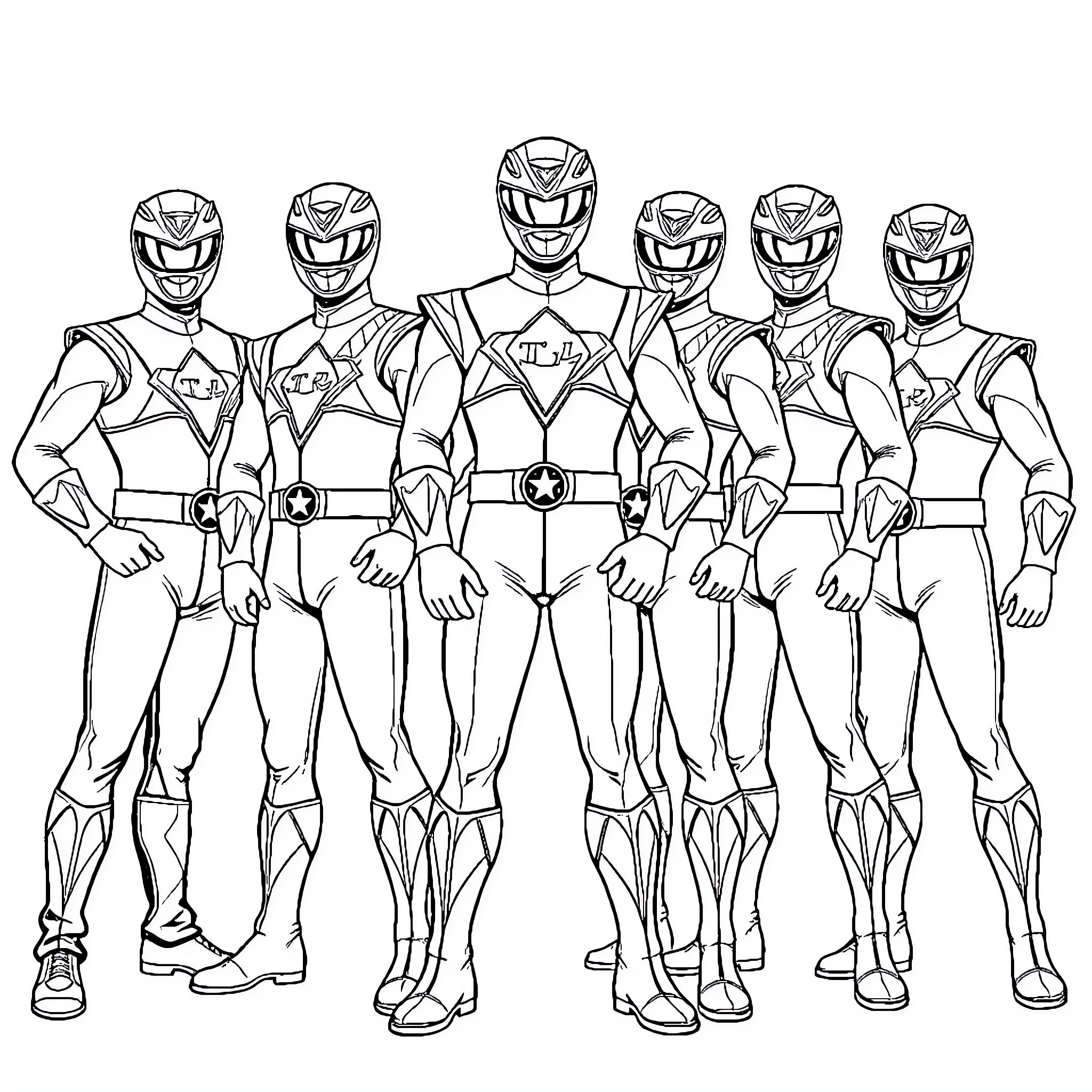 Power Rangers in Action-Packed Poses Coloring Page (free black-and-white line drawing printable PDF for all, from beginners to advanced learners, including children, teens, adults, and seniors)