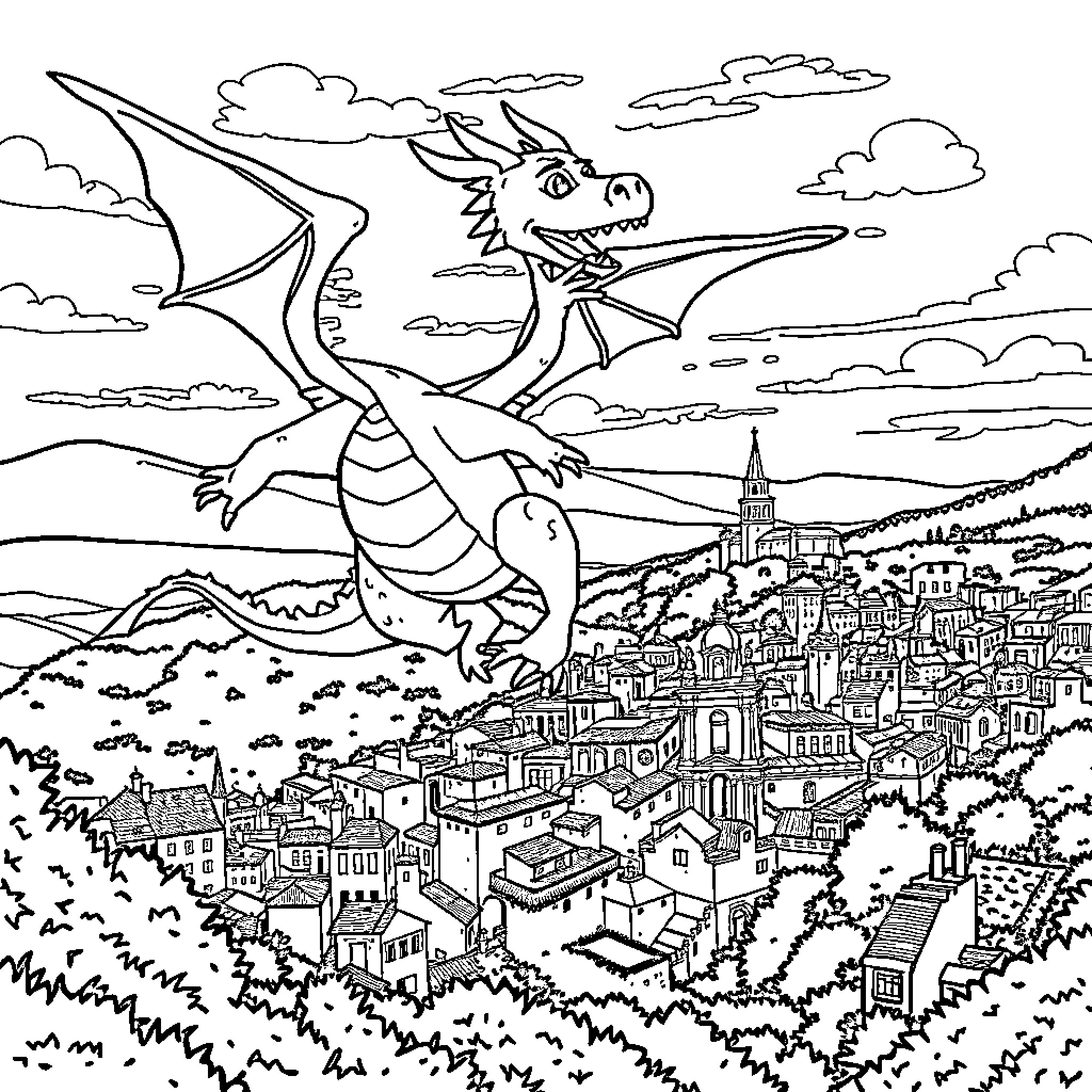 Drac the Dragon Soaring Over the Enchanted City Coloring Page (free black-and-white line drawing printable PDF for all, from beginners to advanced learners, including children, teens, adults, and seniors)