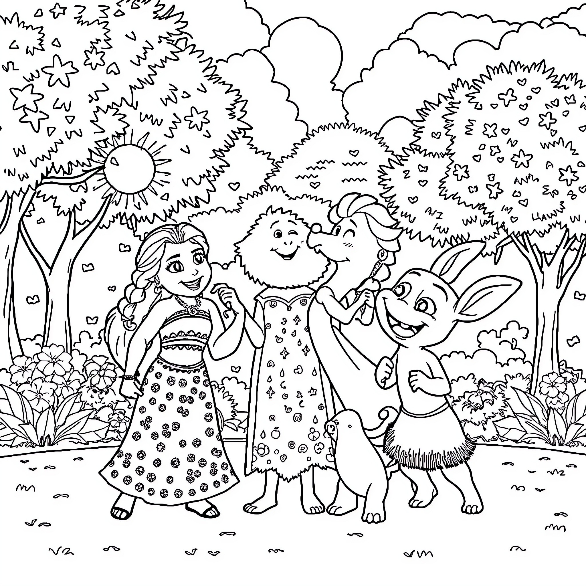 Moana and her friends enjoying nature's wonders Coloring Page (free black-and-white line drawing printable PDF for all, from beginners to advanced learners, including children, teens, adults, and seniors)