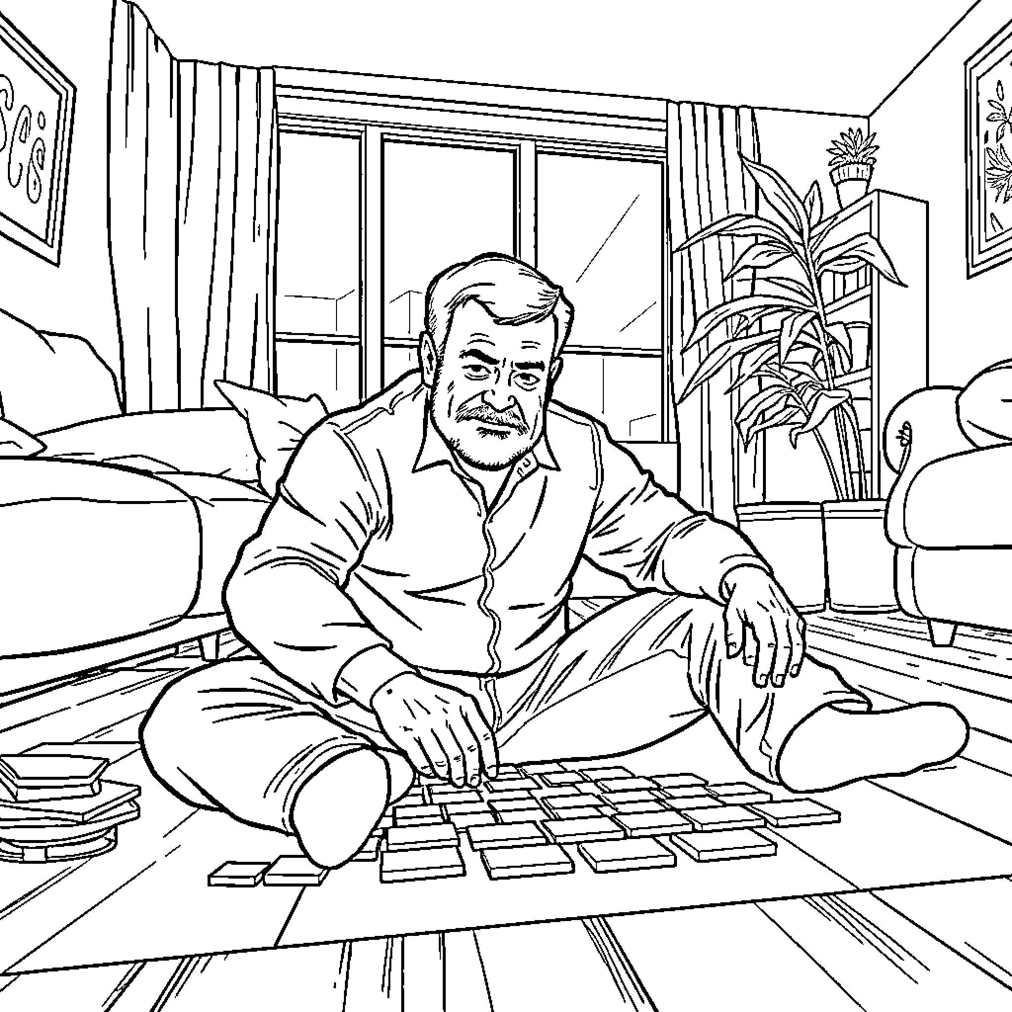 Dad relaxing on the floor with laptop Coloring Page (free black-and-white line drawing printable PDF for all, from beginners to advanced learners, including children, teens, adults, and seniors)