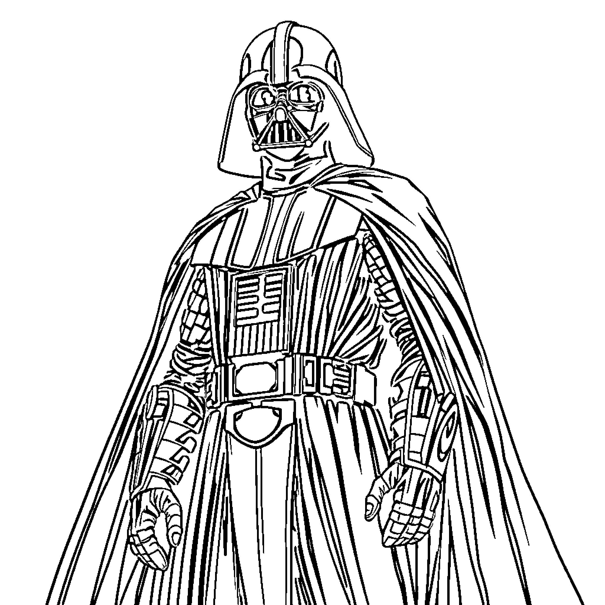 Darth Vader, the Iconic Villain in Signature Attire Coloring Page (free black-and-white line drawing printable PDF for all, from beginners to advanced learners, including children, teens, adults, and seniors)