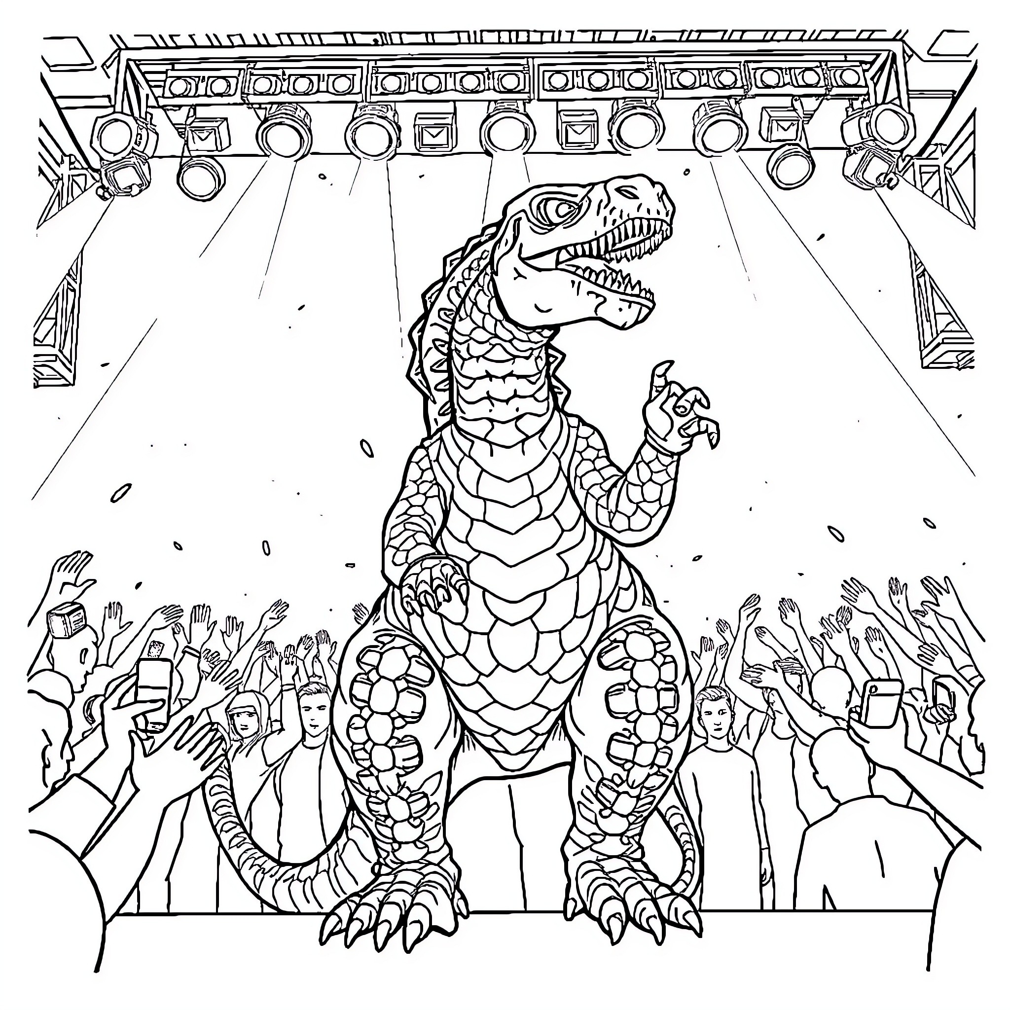Indominus Rex performing on stage before an enthusiastic crowd Coloring Page (free black-and-white line drawing printable PDF for all, from beginners to advanced learners, including children, teens, adults, and seniors)