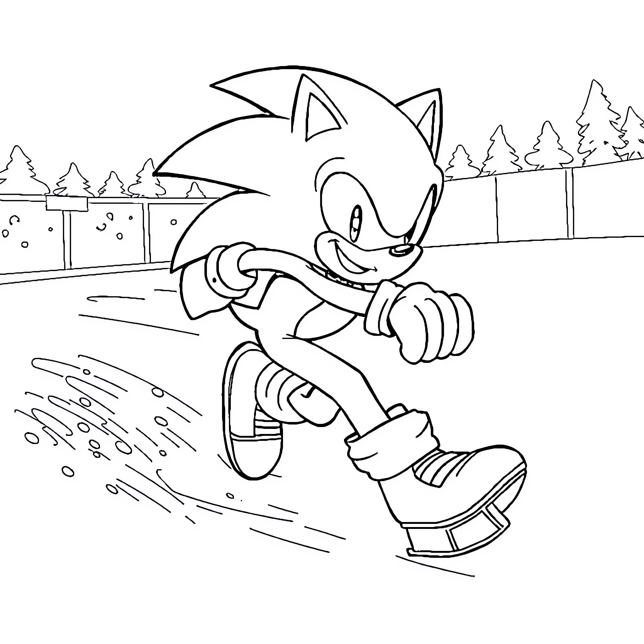 Sonic sprinting through a snowy landscape Coloring Page (free black-and-white line drawing printable PDF for all, from beginners to advanced learners, including children, teens, adults, and seniors)
