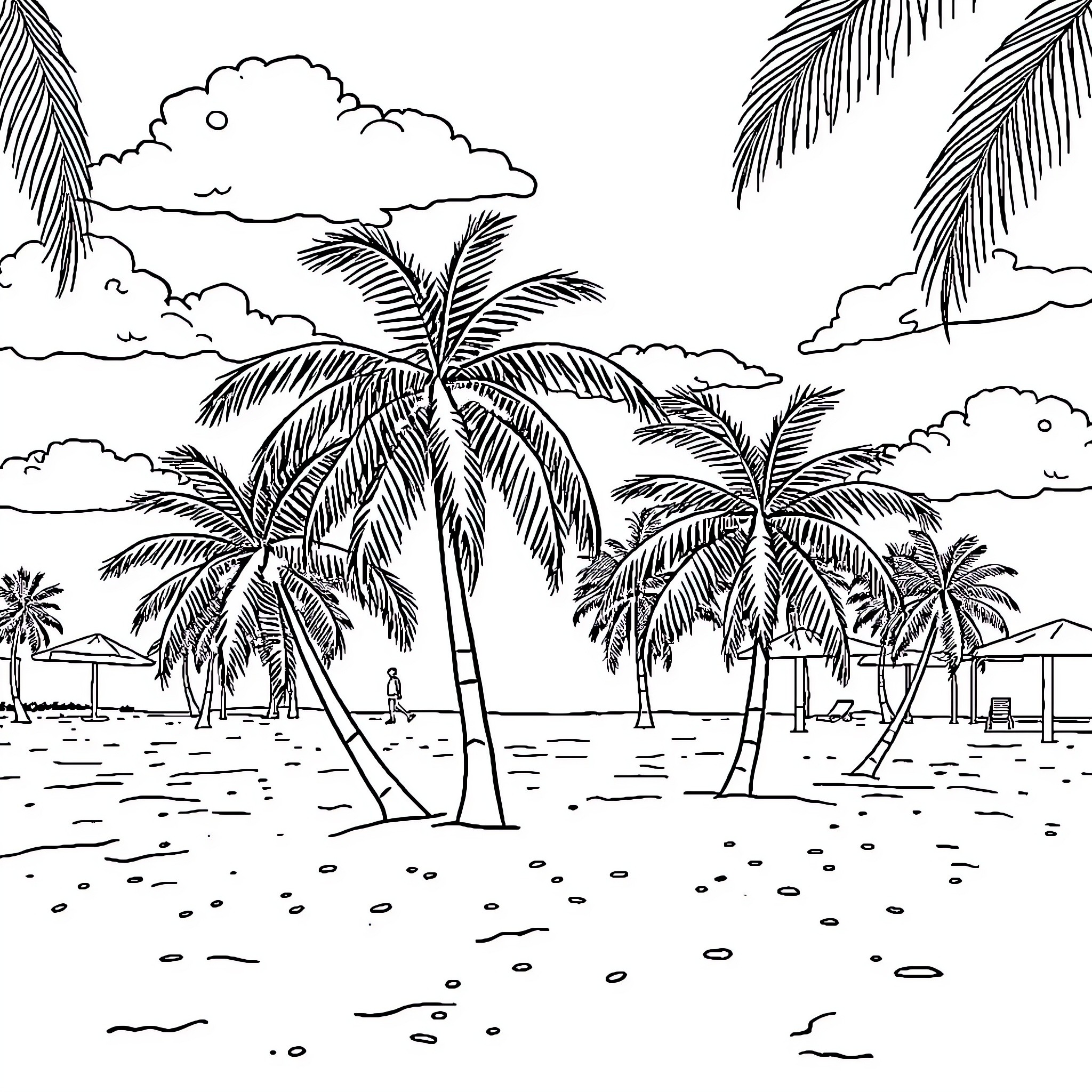 Minisplit tropical beach landscape with palm trees Coloring Page (free black-and-white line drawing printable PDF for all, from beginners to advanced learners, including children, teens, adults, and seniors)
