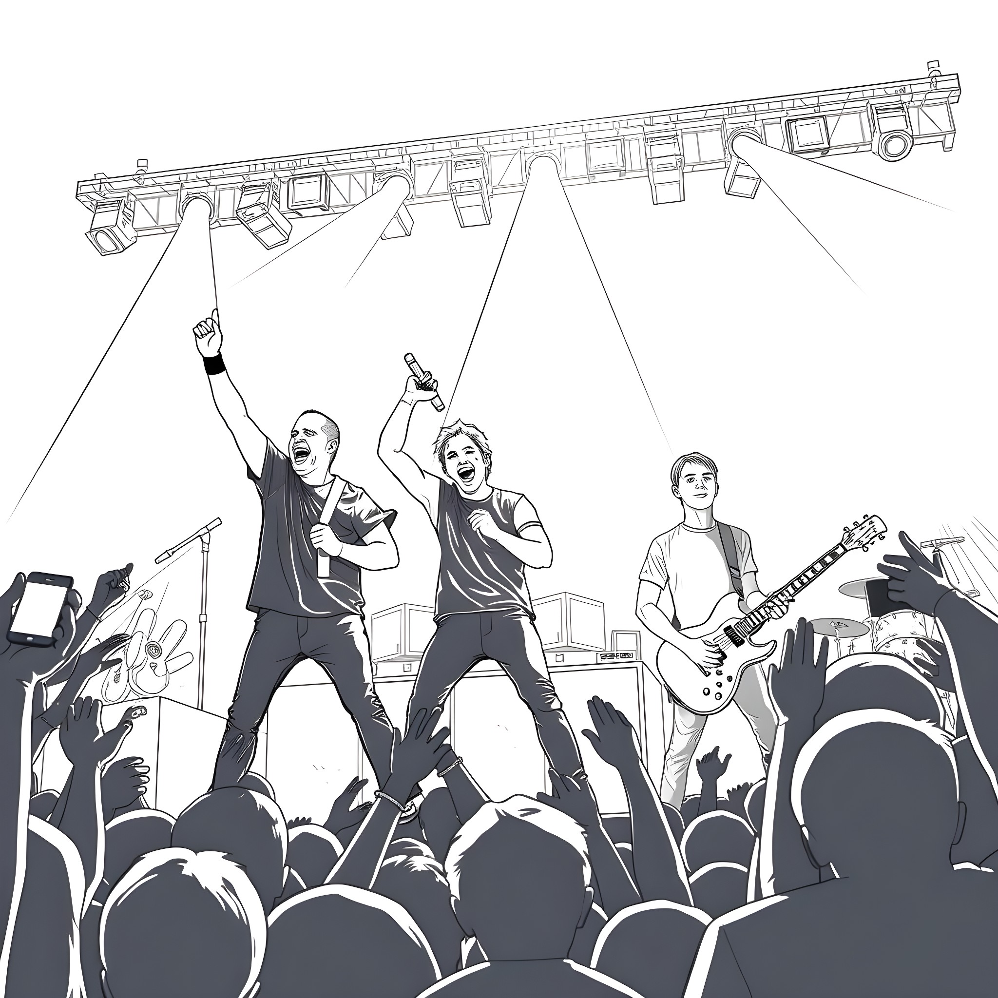 Linkin Park band performing energetically on stage Coloring Page (free black-and-white line drawing printable PDF for all, from beginners to advanced learners, including children, teens, adults, and seniors)