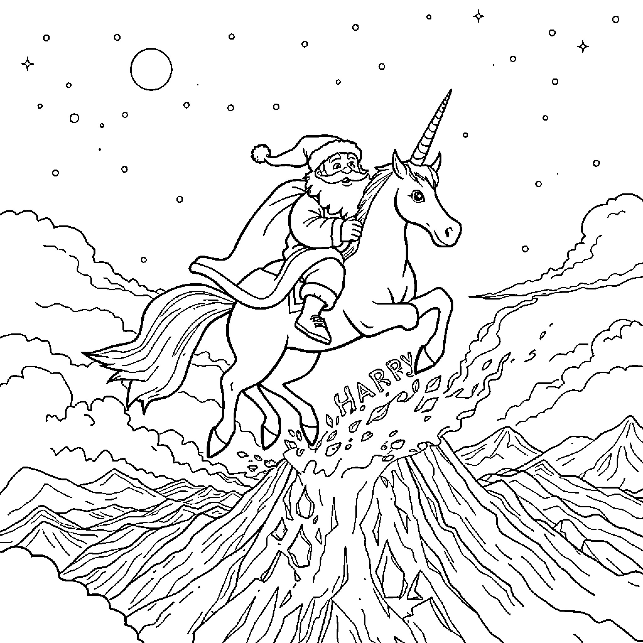 Santa riding a unicorn in a winter wonderland Coloring Page (free black-and-white line drawing printable PDF for all, from beginners to advanced learners, including children, teens, adults, and seniors)