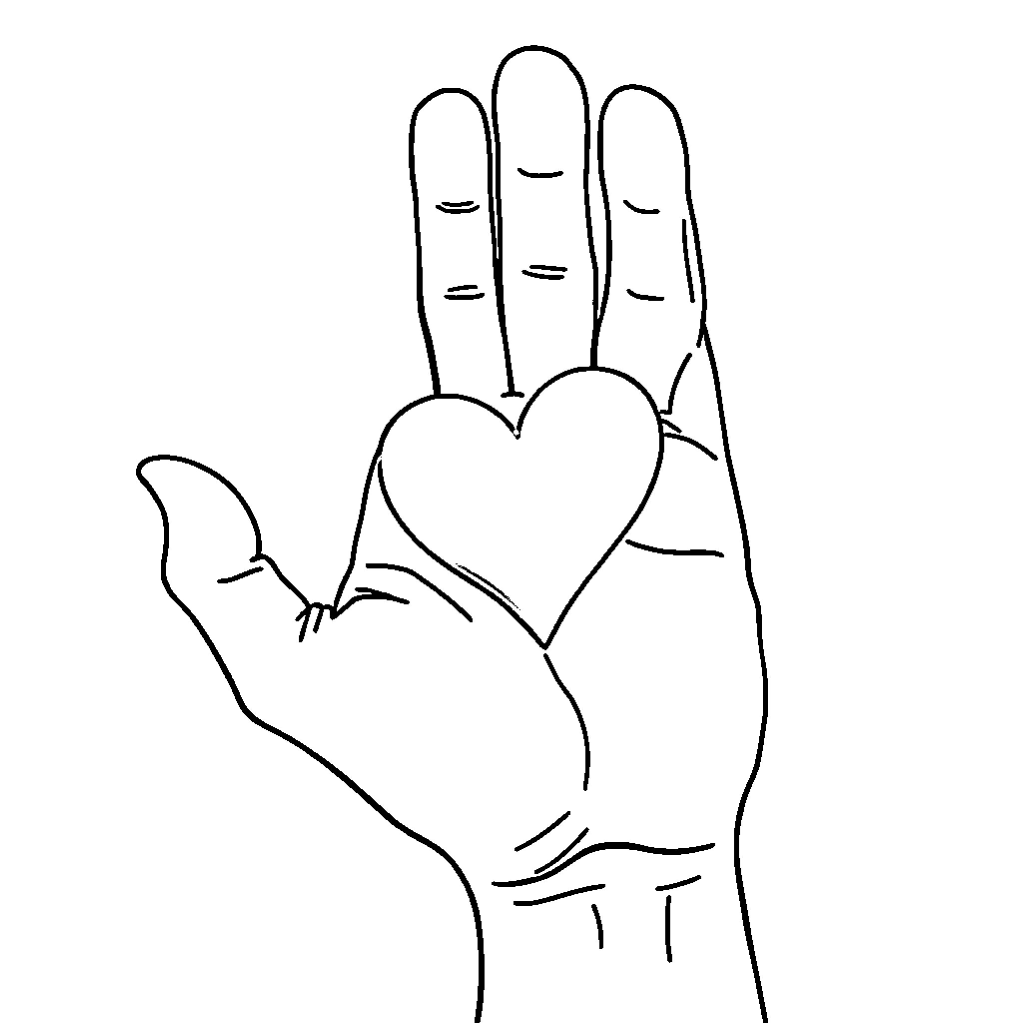 Hand holding a heart symbol Coloring Page (free black-and-white line drawing printable PDF for all, from beginners to advanced learners, including children, teens, adults, and seniors)