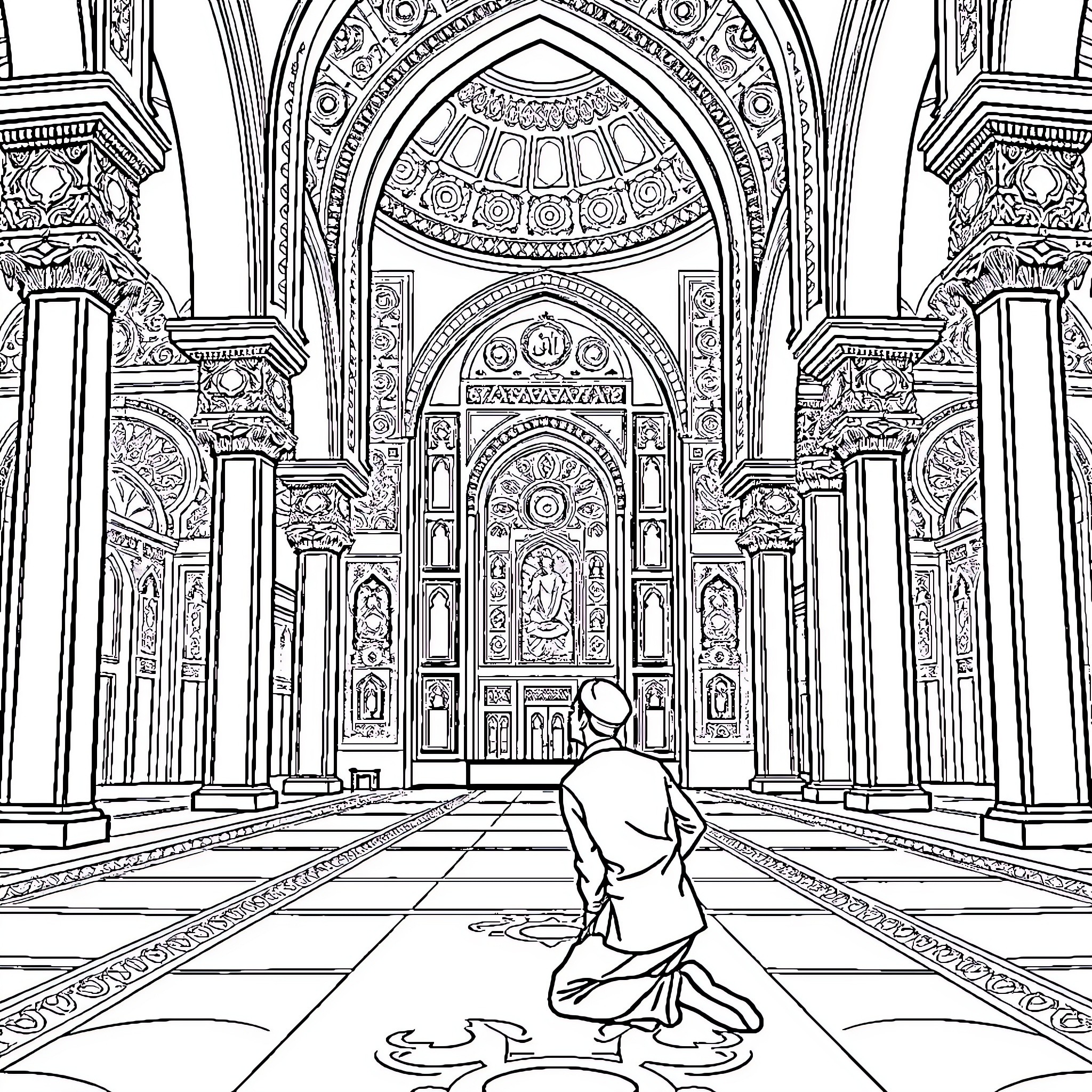 Man kneeling in ornate architectural hall Coloring Page (free black-and-white line drawing printable PDF for all, from beginners to advanced learners, including children, teens, adults, and seniors)