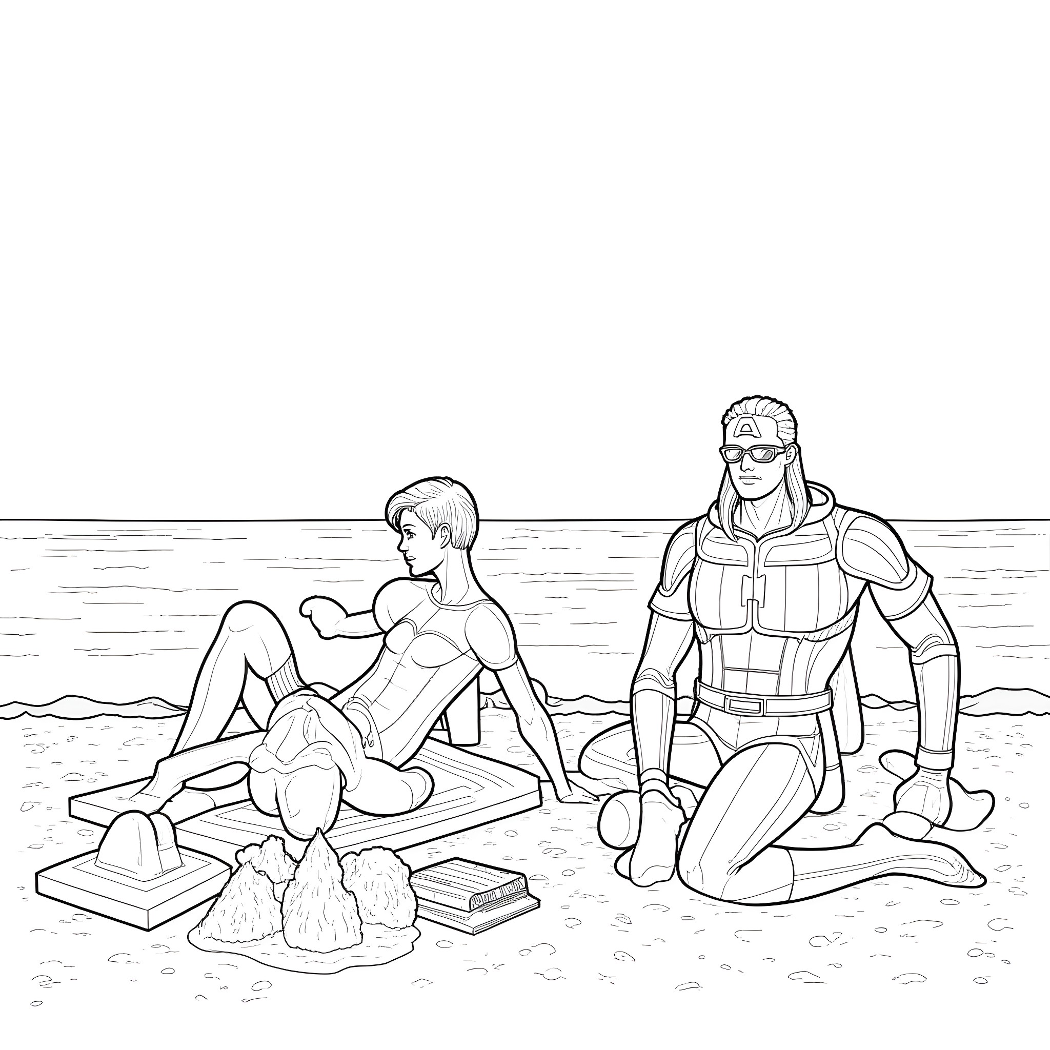 Avengers relaxing on the beach Coloring Page (free black-and-white line drawing printable PDF for all, from beginners to advanced learners, including children, teens, adults, and seniors)