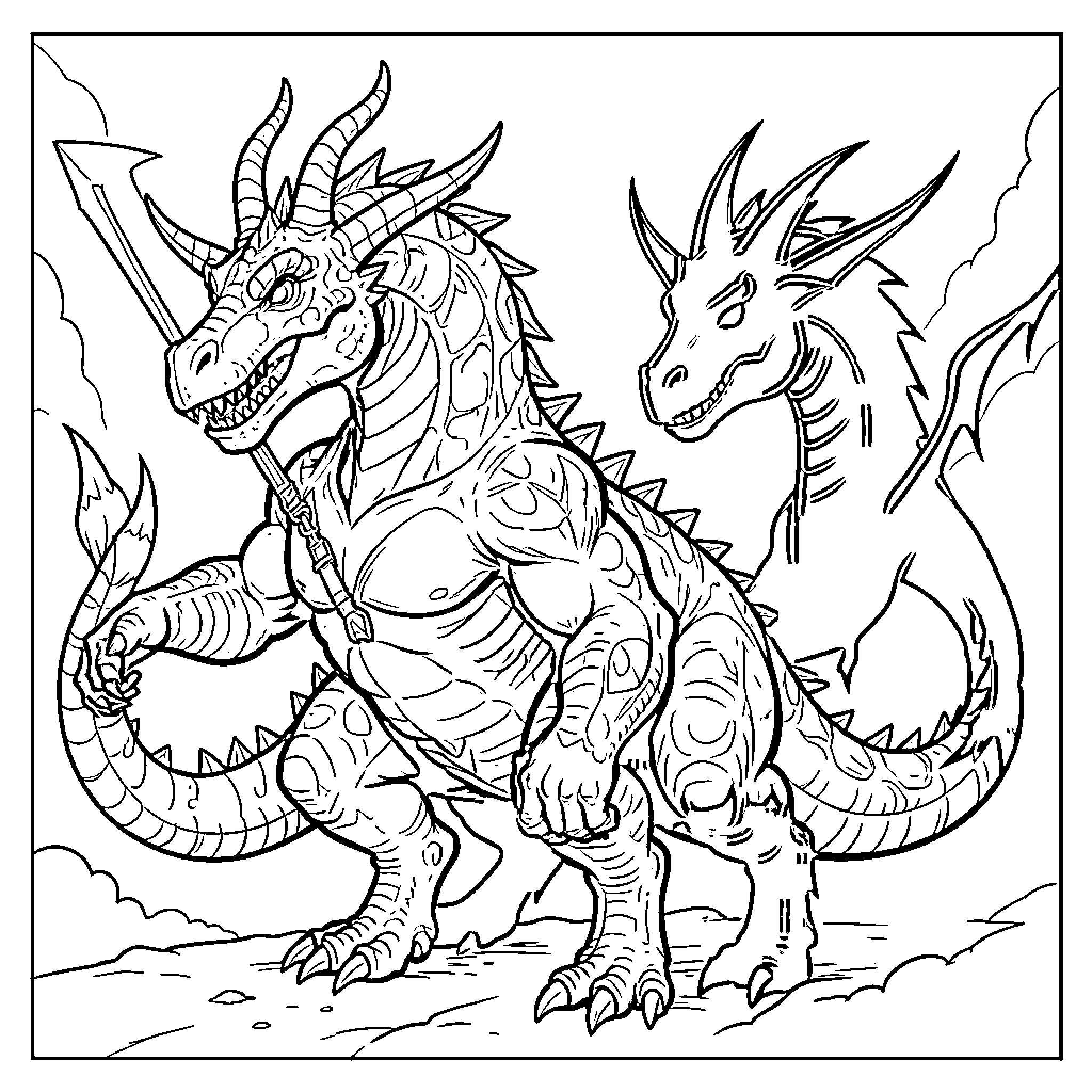 Zorro dragons standing tall with fierce expressions Coloring Page (free black-and-white line drawing printable PDF for all, from beginners to advanced learners, including children, teens, adults, and seniors)