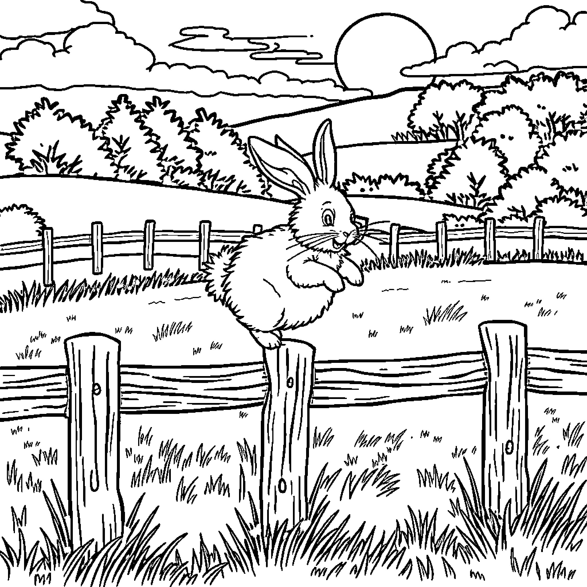 Rabbit sitting peacefully on a fence in a countryside scene Coloring Page (free black-and-white line drawing printable PDF for all, from beginners to advanced learners, including children, teens, adults, and seniors)
