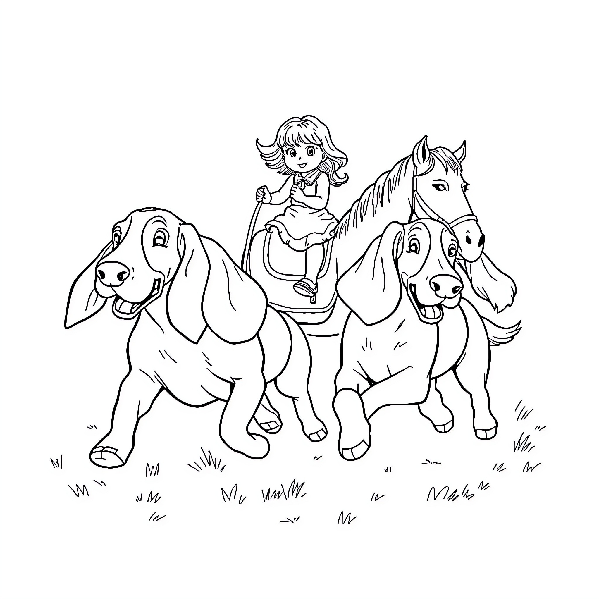 Basset Hound playing with girl on horseback Coloring Page (free black-and-white line drawing printable PDF for all, from beginners to advanced learners, including children, teens, adults, and seniors)