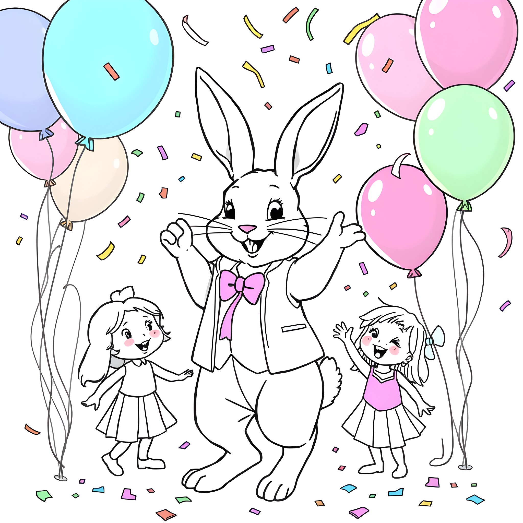 Rabbit celebrating with children at a party Coloring Page (free black-and-white line drawing printable PDF for all, from beginners to advanced learners, including children, teens, adults, and seniors)
