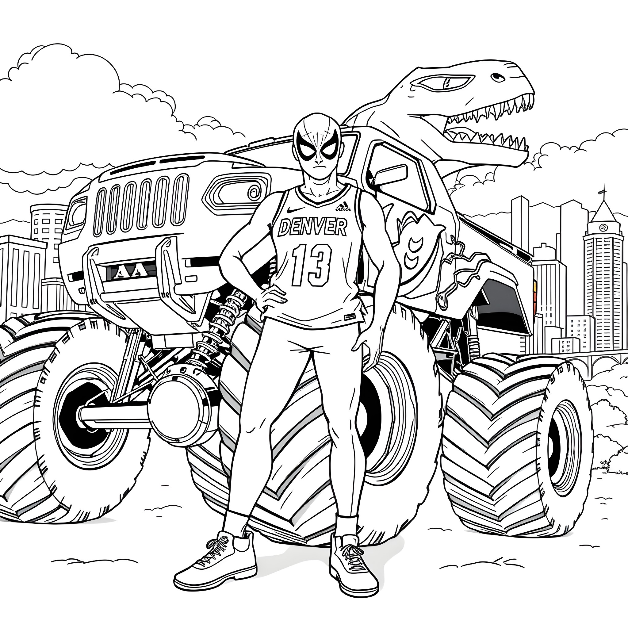 Spiderman riding a monster truck in the city Coloring Page (free black-and-white line drawing printable PDF for all, from beginners to advanced learners, including children, teens, adults, and seniors)