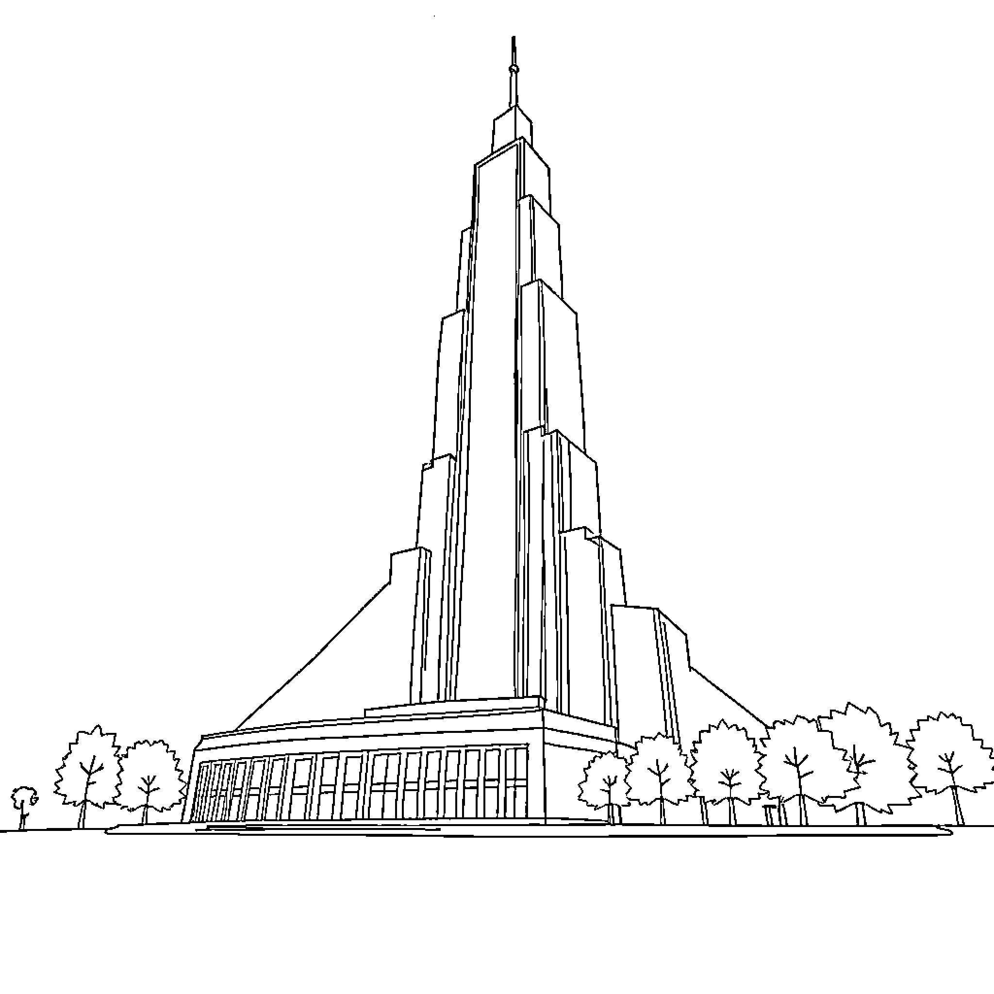Big Architectural Structure with Trees Coloring Page (free black-and-white line drawing printable PDF for all, from beginners to advanced learners, including children, teens, adults, and seniors)