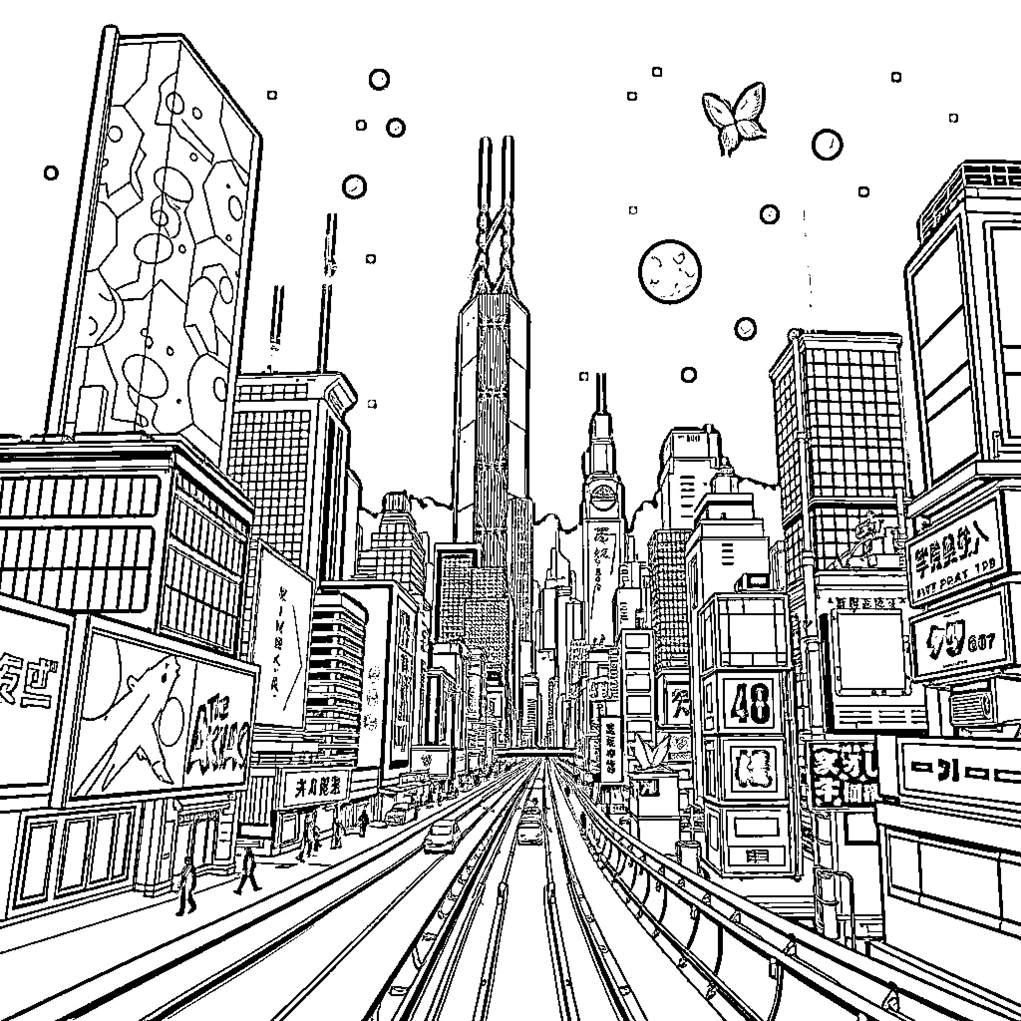 Akira's Futuristic Cityscape: Towering Skyscrapers and Bustling Streets Coloring Page (free black-and-white line drawing printable PDF for all, from beginners to advanced learners, including children, teens, adults, and seniors)