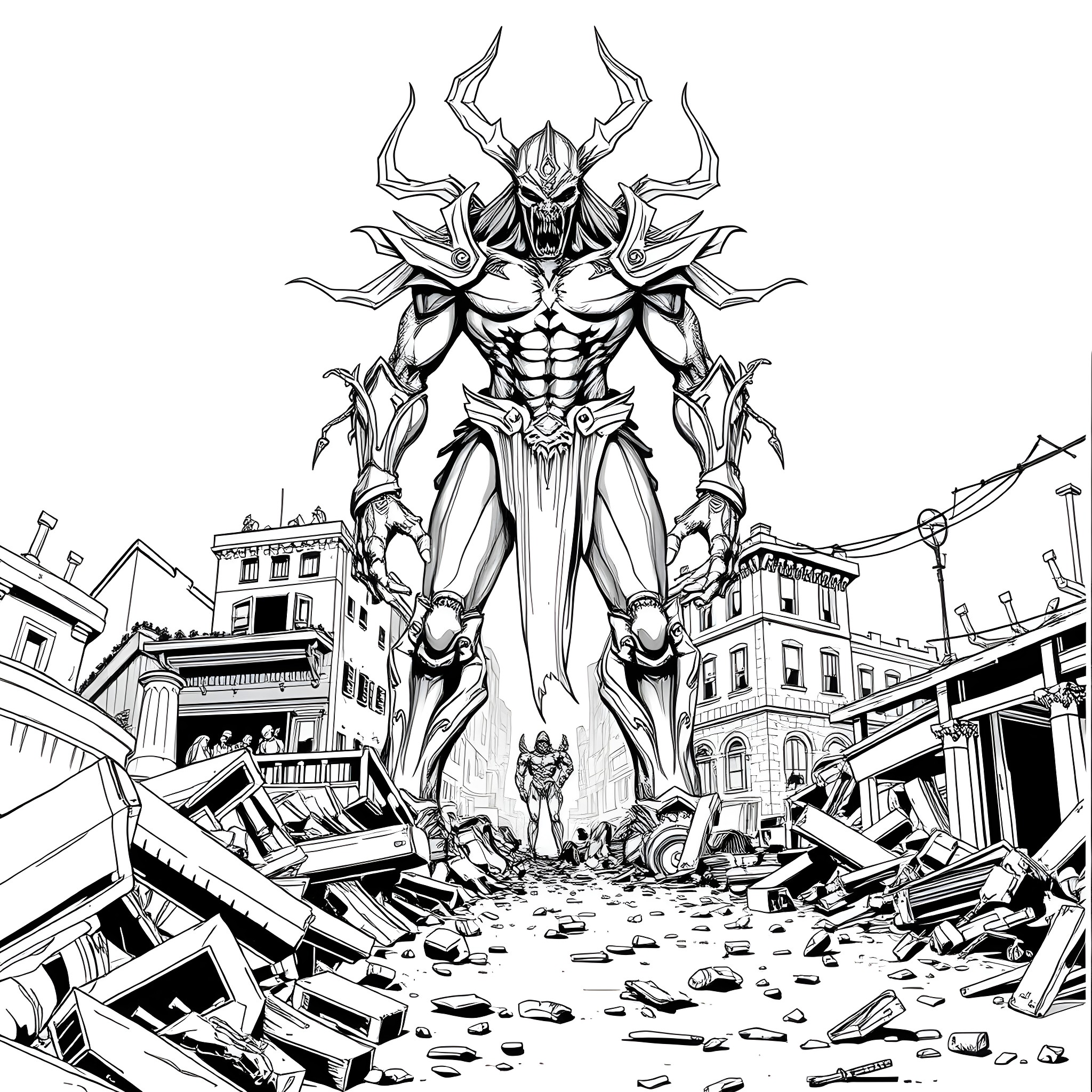 Nemesis: Colossal Destroyer Looming Over the Ruins Coloring Page (free black-and-white line drawing printable PDF for all, from beginners to advanced learners, including children, teens, adults, and seniors)