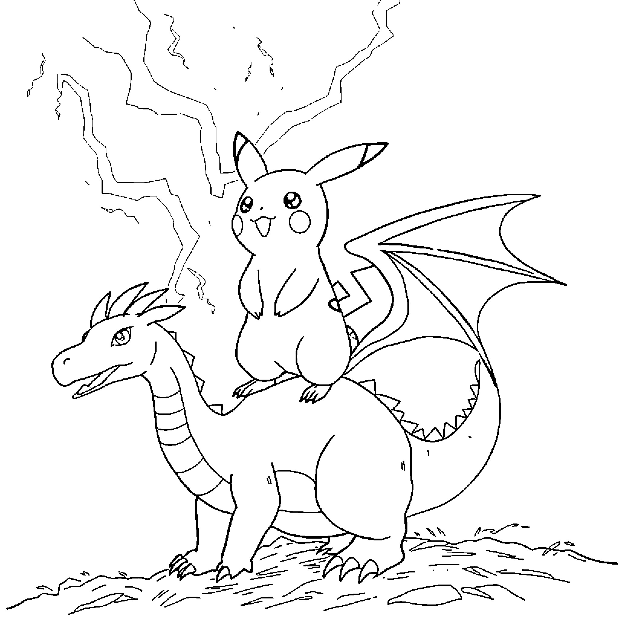 Pikachu riding on a dragon under lightning bolts Coloring Page (free black-and-white line drawing printable PDF for all, from beginners to advanced learners, including children, teens, adults, and seniors)