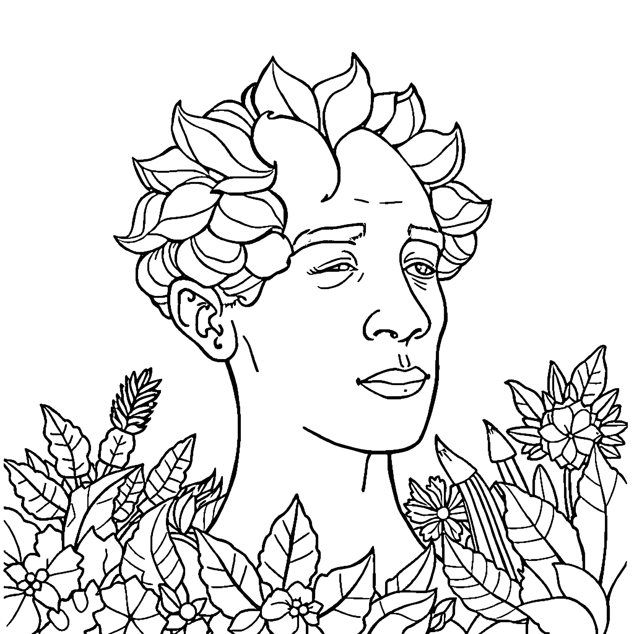 Sobriety in a floral garden Coloring Page (free black-and-white line drawing printable PDF for all, from beginners to advanced learners, including children, teens, adults, and seniors)