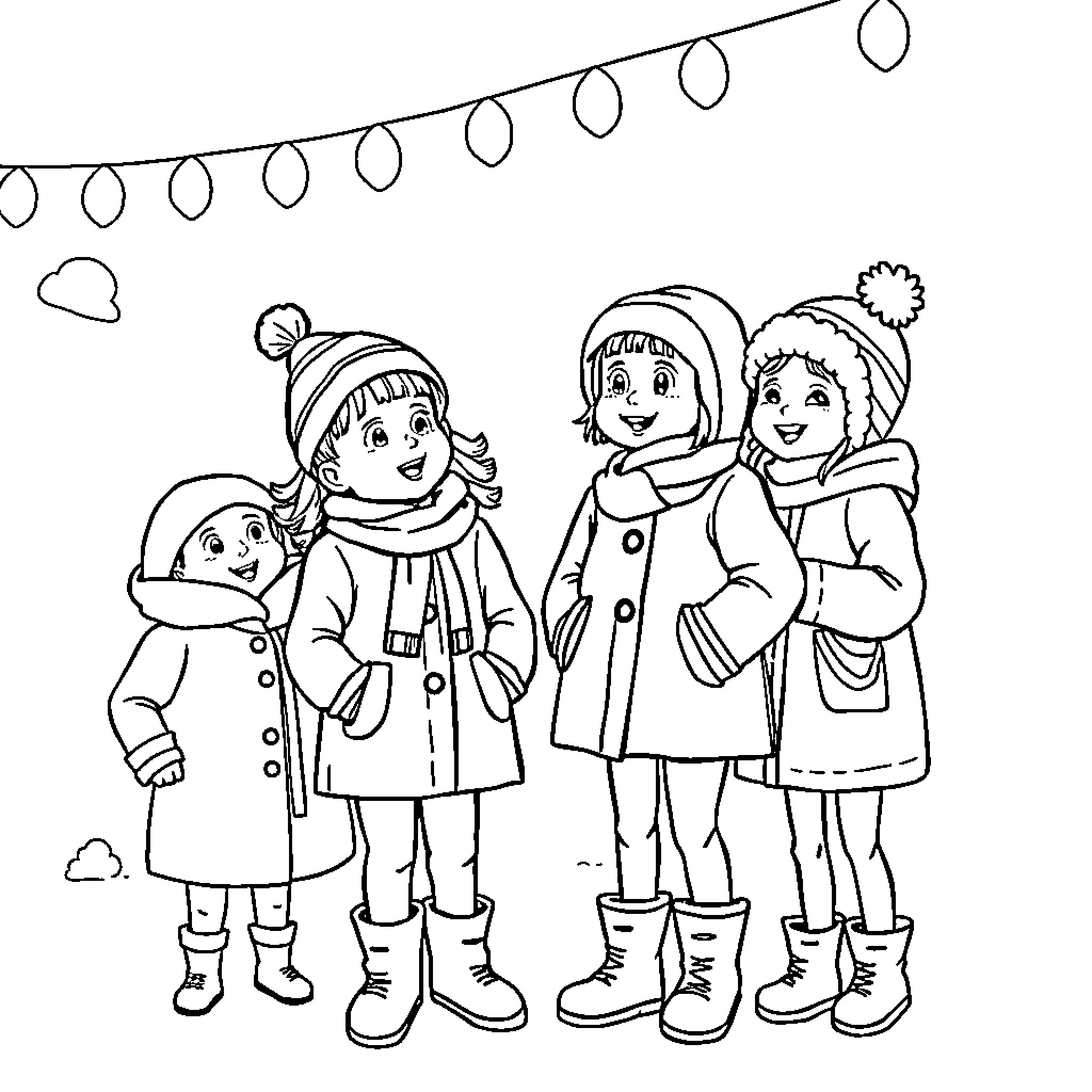 Kid friends playing and having fun in winter Coloring Page (free black-and-white line drawing printable PDF for all, from beginners to advanced learners, including children, teens, adults, and seniors)