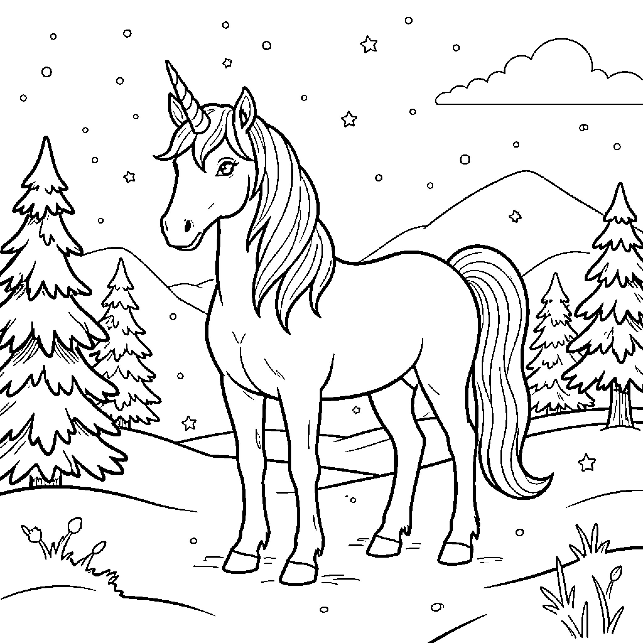 Snow Queen Unicorn standing amidst a wintry mountain landscape Coloring Page (free black-and-white line drawing printable PDF for all, from beginners to advanced learners, including children, teens, adults, and seniors)