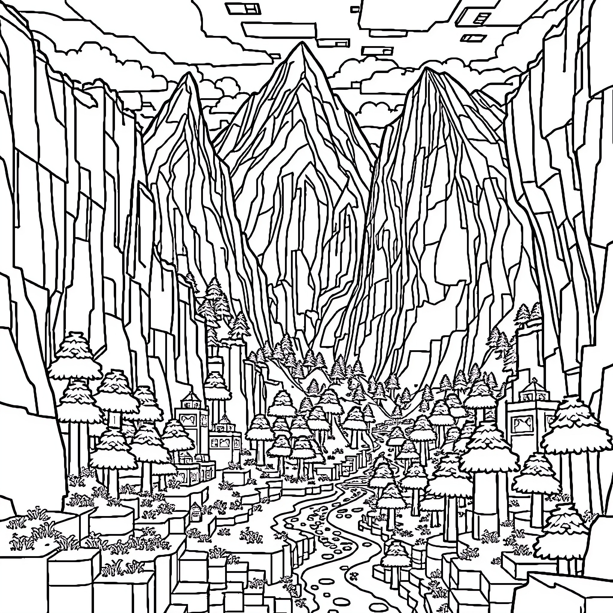 Minecraft Mountainous Town in the Clouds Coloring Page (free black-and-white line drawing printable PDF for all, from beginners to advanced learners, including children, teens, adults, and seniors)