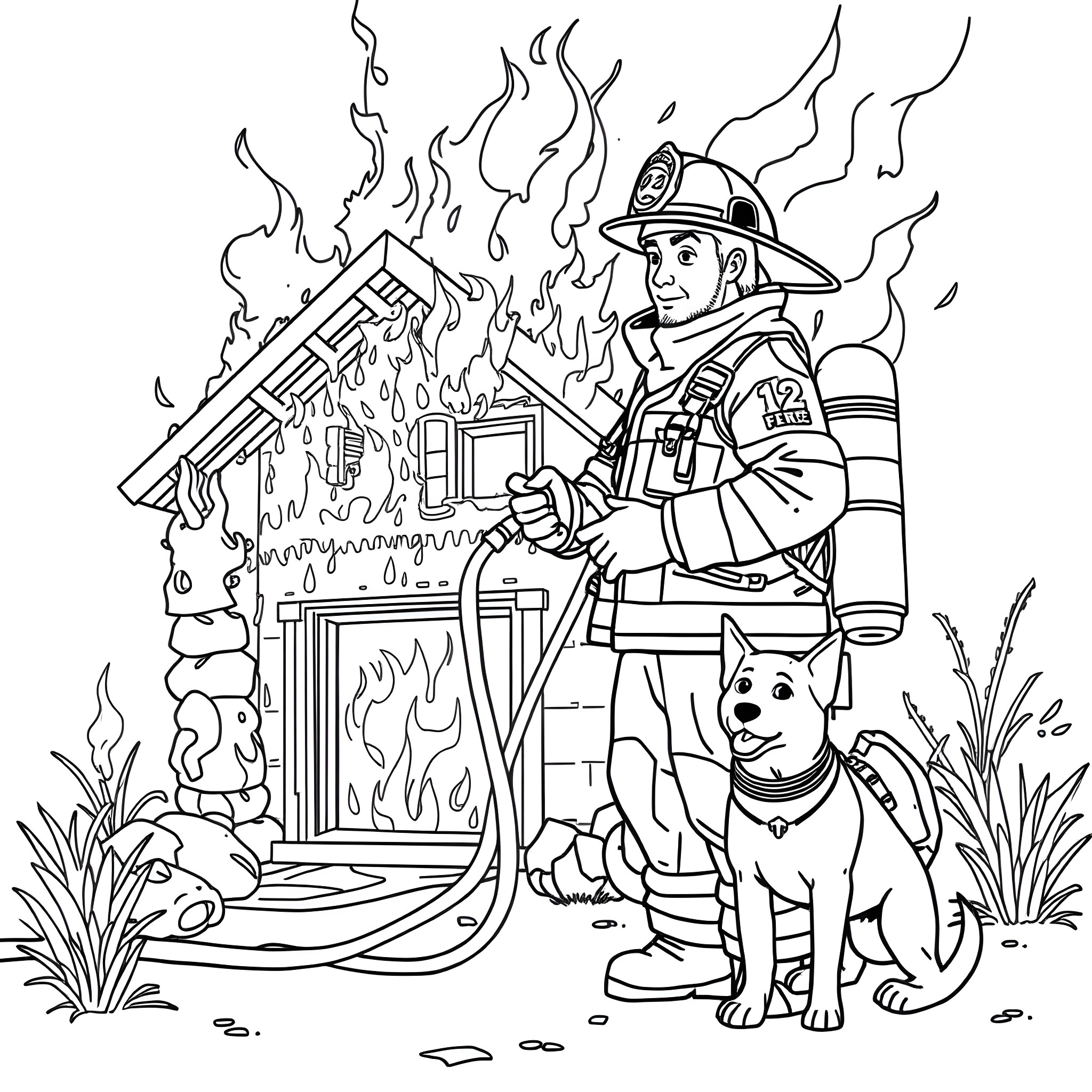 Firefighter rescuing dog from burning building Coloring Page (free black-and-white line drawing printable PDF for all, from beginners to advanced learners, including children, teens, adults, and seniors)