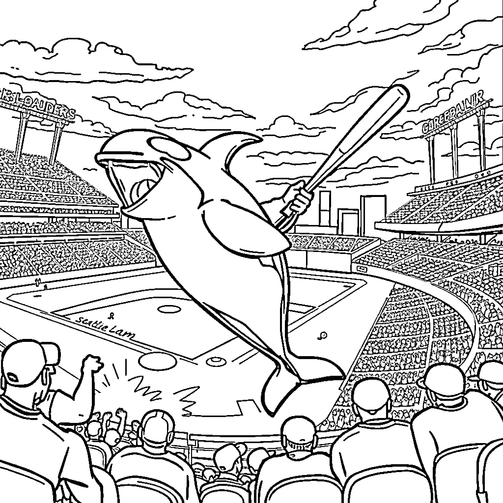 Orca playing baseball in a stadium Coloring Page (free black-and-white line drawing printable PDF for all, from beginners to advanced learners, including children, teens, adults, and seniors)
