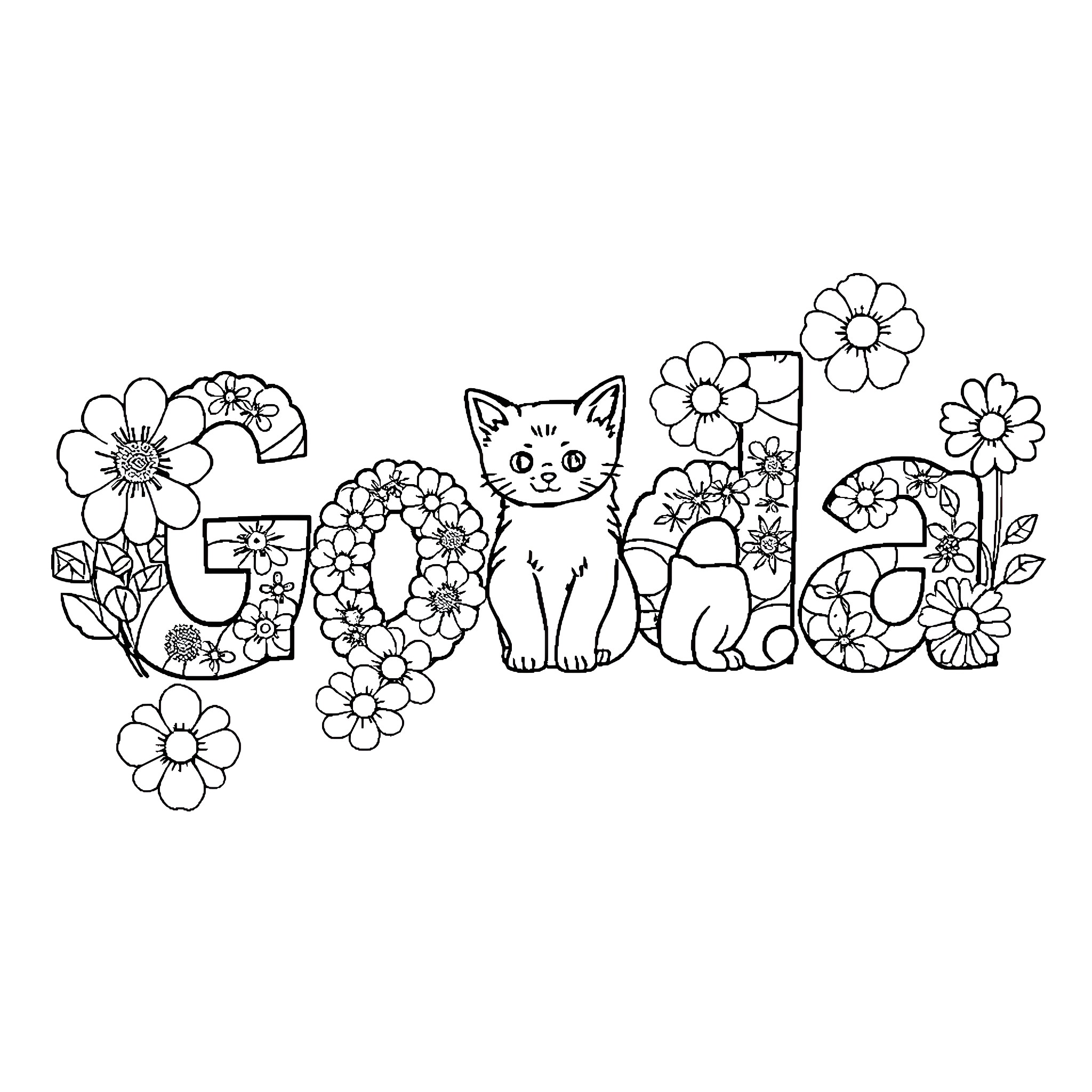 Goda's Floral Kitty Coloring Page Coloring Page (free black-and-white line drawing printable PDF for all, from beginners to advanced learners, including children, teens, adults, and seniors)