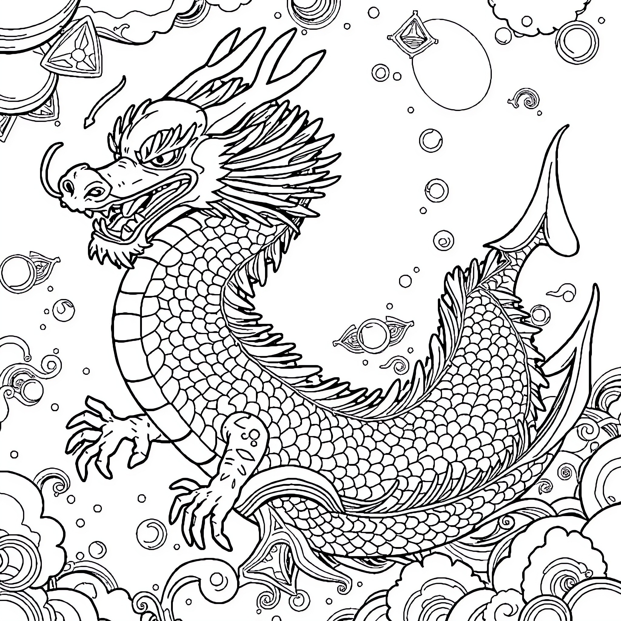 Dragon swimming gracefully in an underwater fantasy scene Coloring Page (free black-and-white line drawing printable PDF for all, from beginners to advanced learners, including children, teens, adults, and seniors)