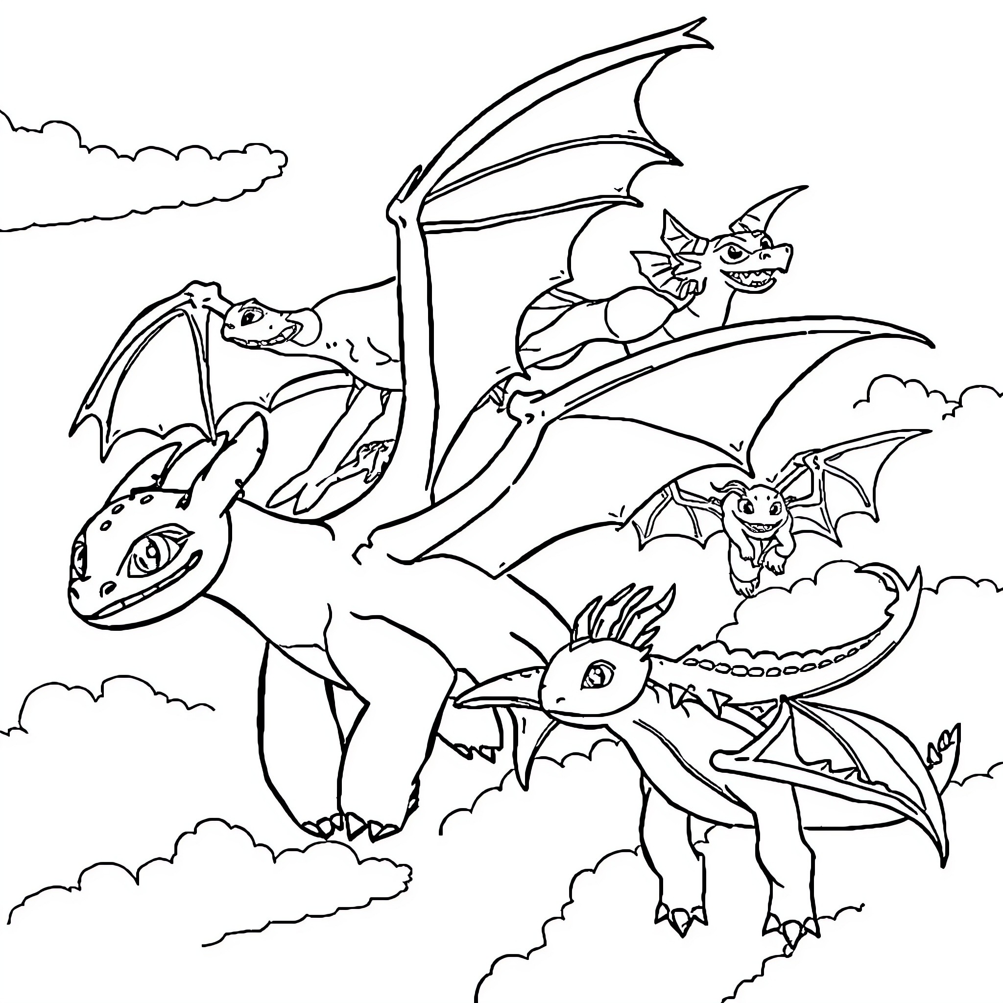 Dragon's Aerial Dance in the Cloudy Sky Coloring Page (free black-and-white line drawing printable PDF for all, from beginners to advanced learners, including children, teens, adults, and seniors)