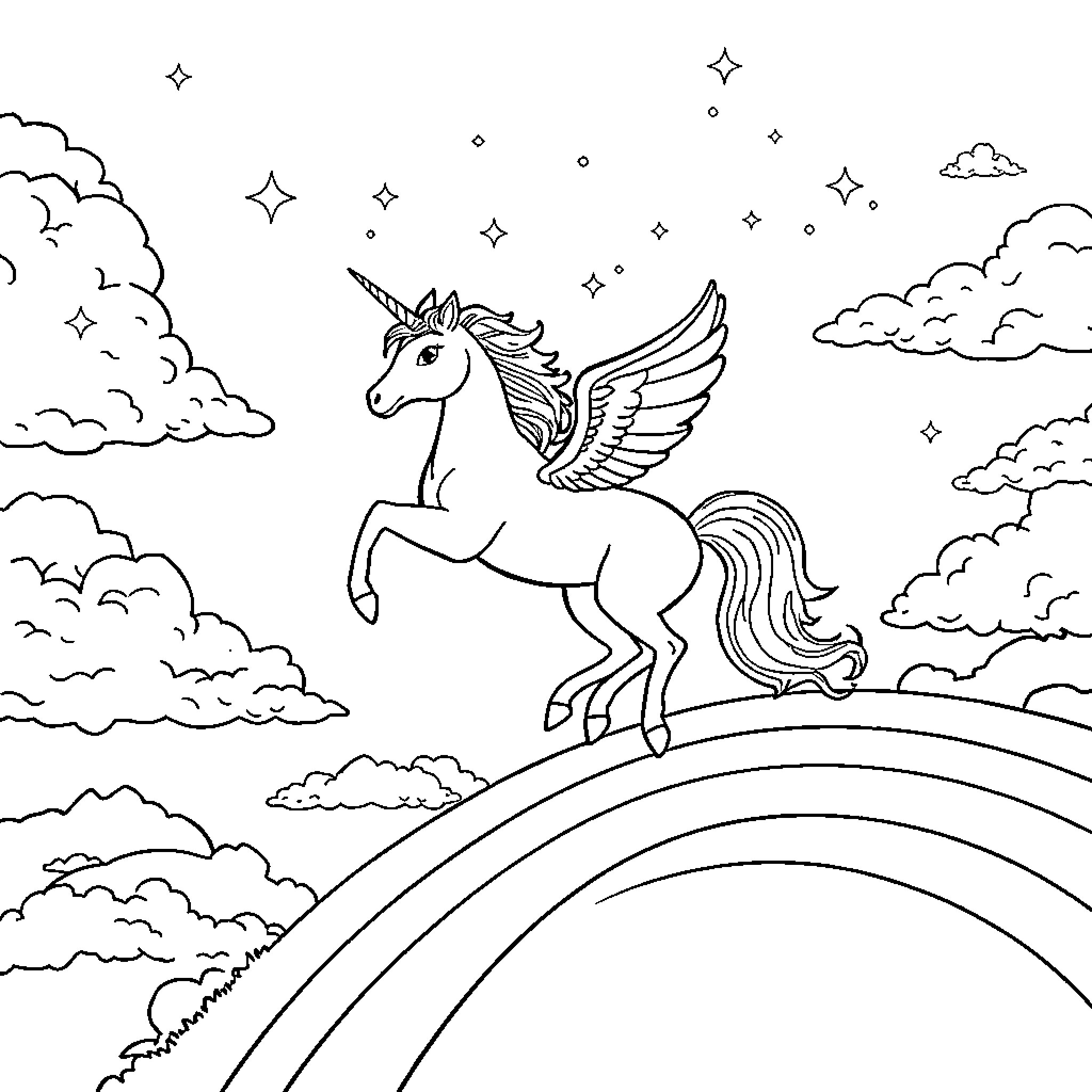 Unicorn soaring above the clouds and rainbows Coloring Page (free black-and-white line drawing printable PDF for all, from beginners to advanced learners, including children, teens, adults, and seniors)