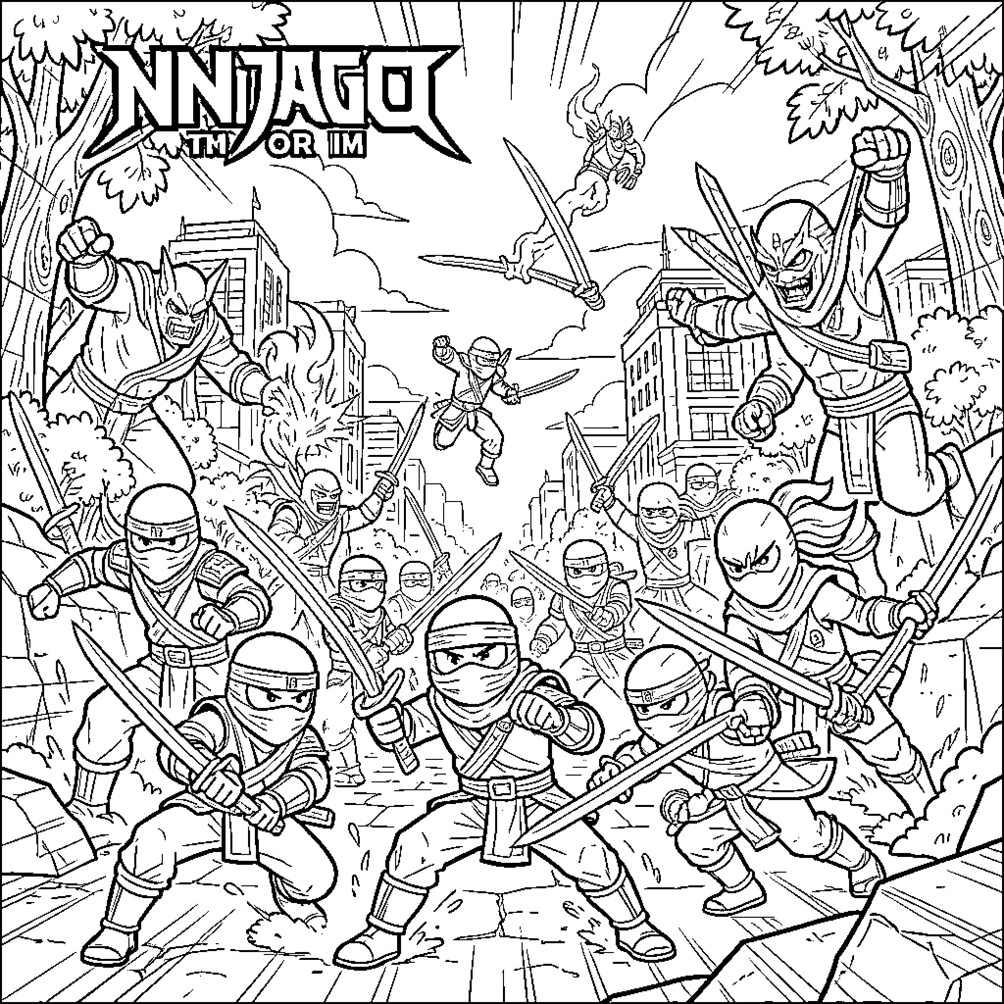 Ninjago characters engaged in dynamic combat action Coloring Page (free black-and-white line drawing printable PDF for all, from beginners to advanced learners, including children, teens, adults, and seniors)