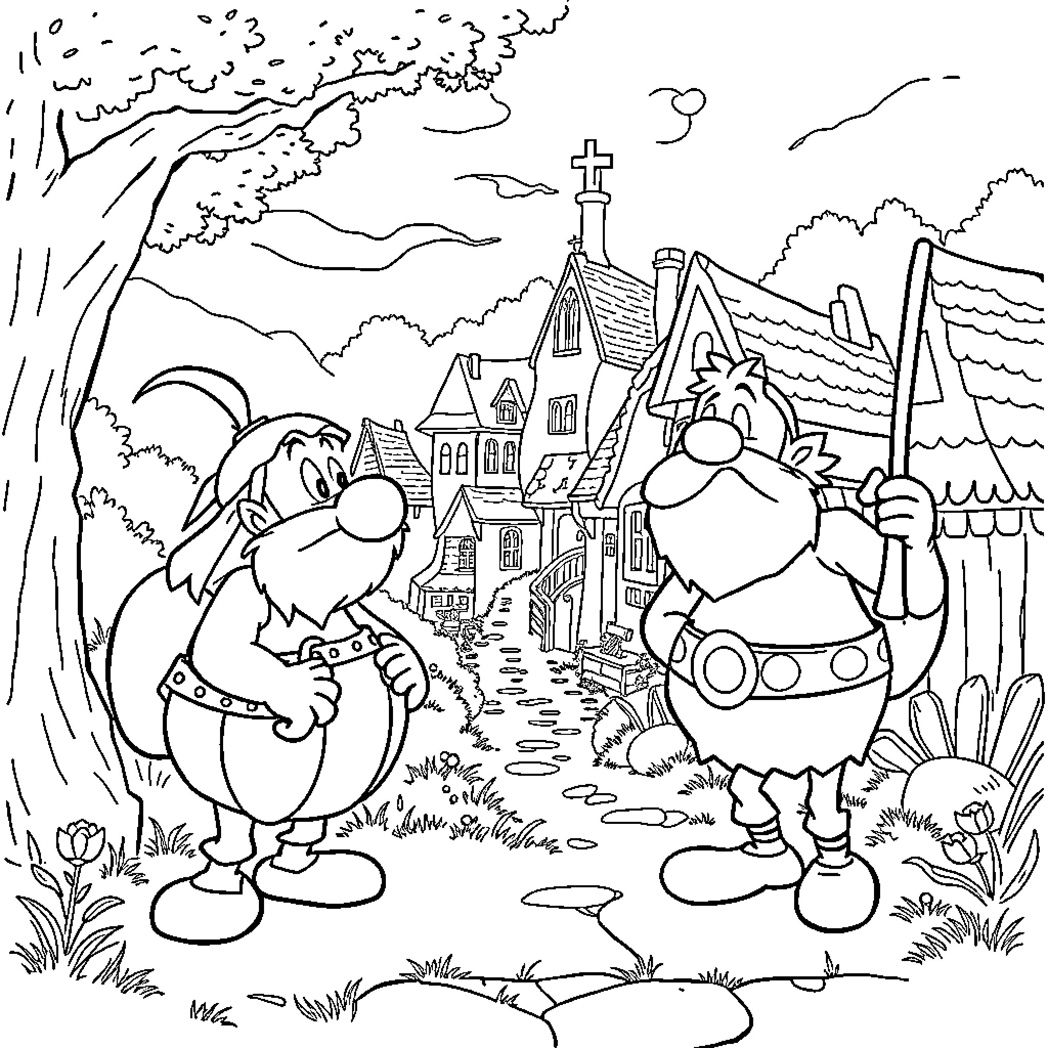 Asterix and Obelix exploring the medieval village Coloring Page (free black-and-white line drawing printable PDF for all, from beginners to advanced learners, including children, teens, adults, and seniors)