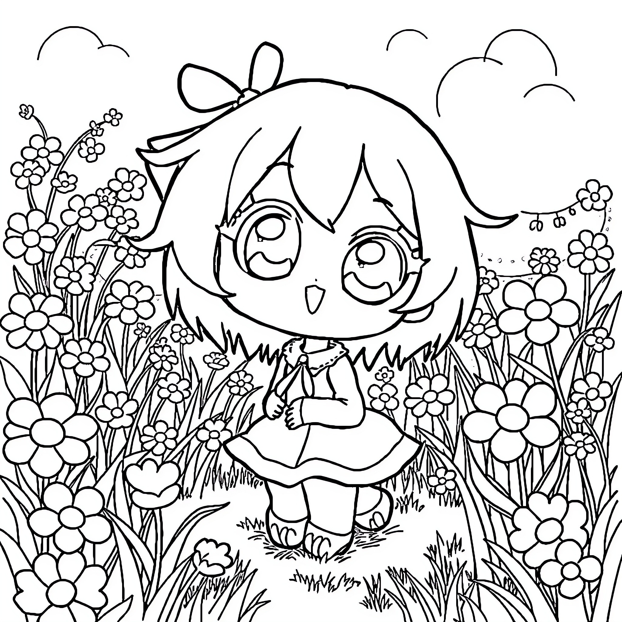 Anime Girl Exploring Vibrant Floral Meadow Coloring Page (free black-and-white line drawing printable PDF for all, from beginners to advanced learners, including children, teens, adults, and seniors)
