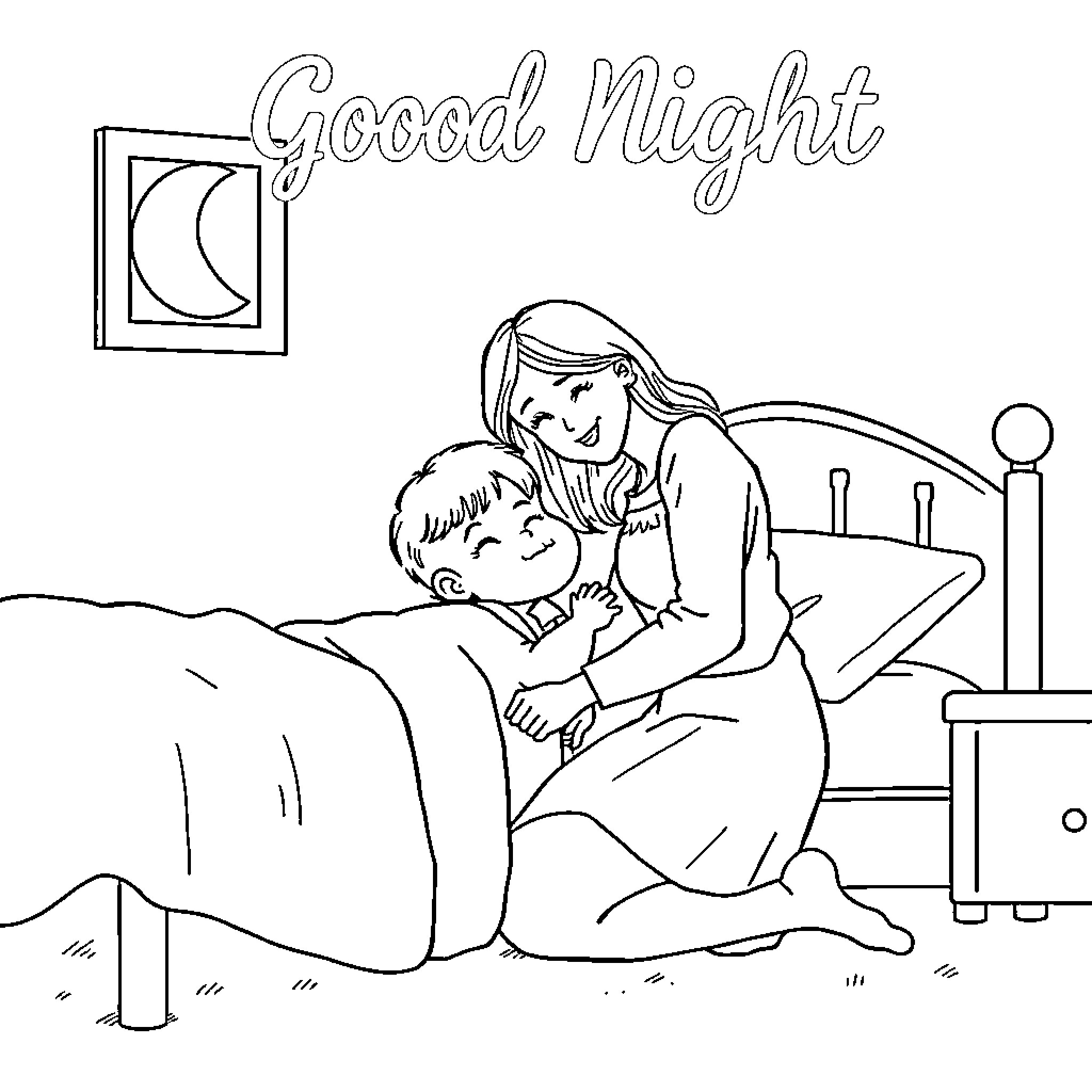Mom tucking child into bed with goodnight Coloring Page (free black-and-white line drawing printable PDF for all, from beginners to advanced learners, including children, teens, adults, and seniors)
