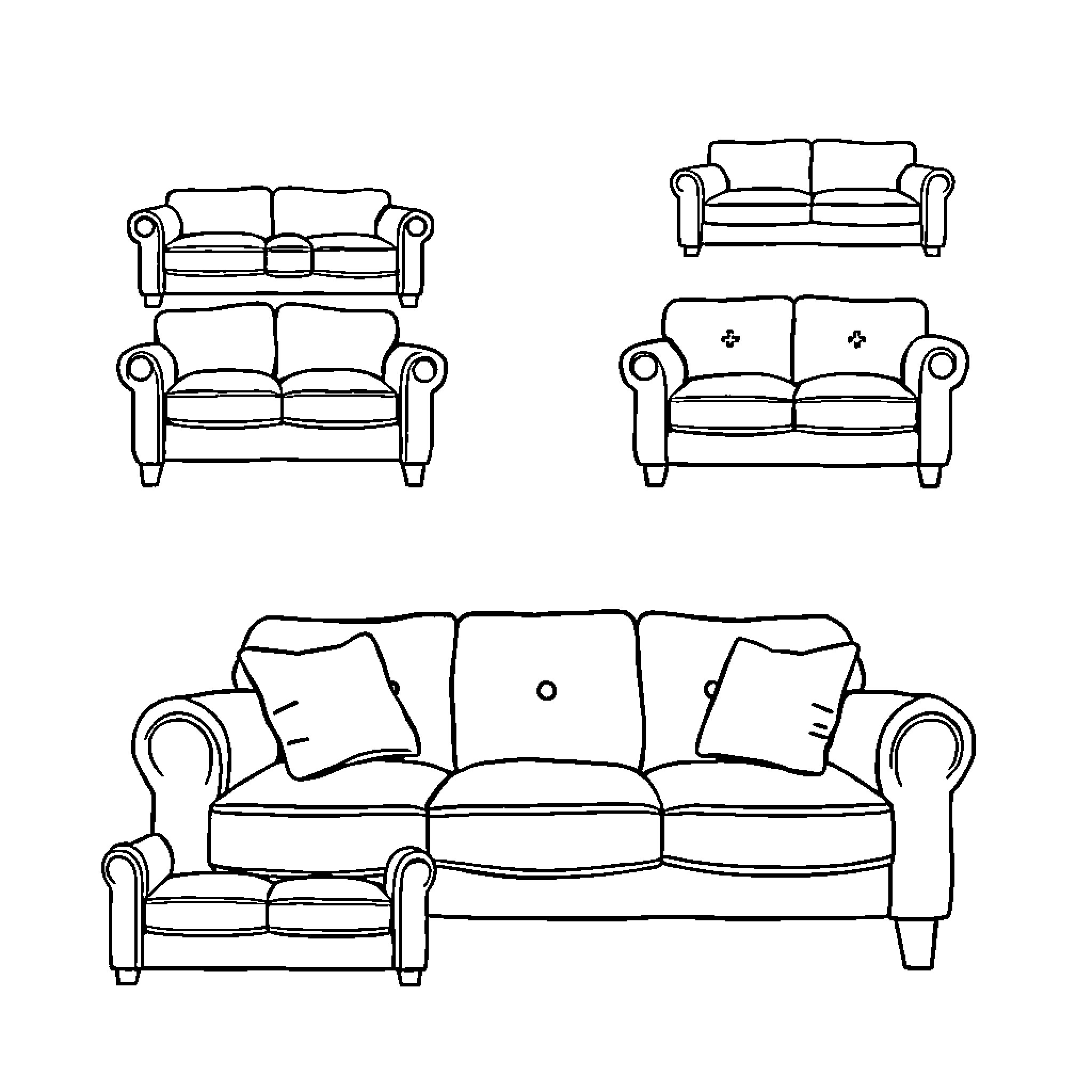 Couch furniture designs with varying styles Coloring Page (free black-and-white line drawing printable PDF for all, from beginners to advanced learners, including children, teens, adults, and seniors)
