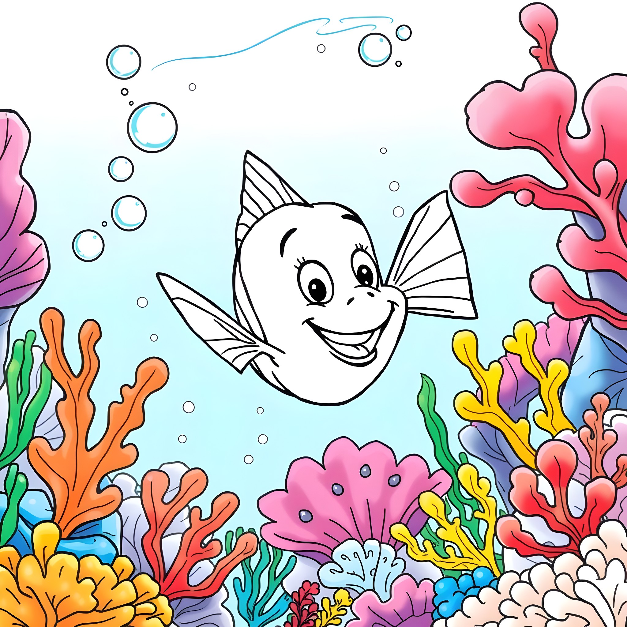Flounder swimming happily among colorful coral reef Coloring Page (free black-and-white line drawing printable PDF for all, from beginners to advanced learners, including children, teens, adults, and seniors)