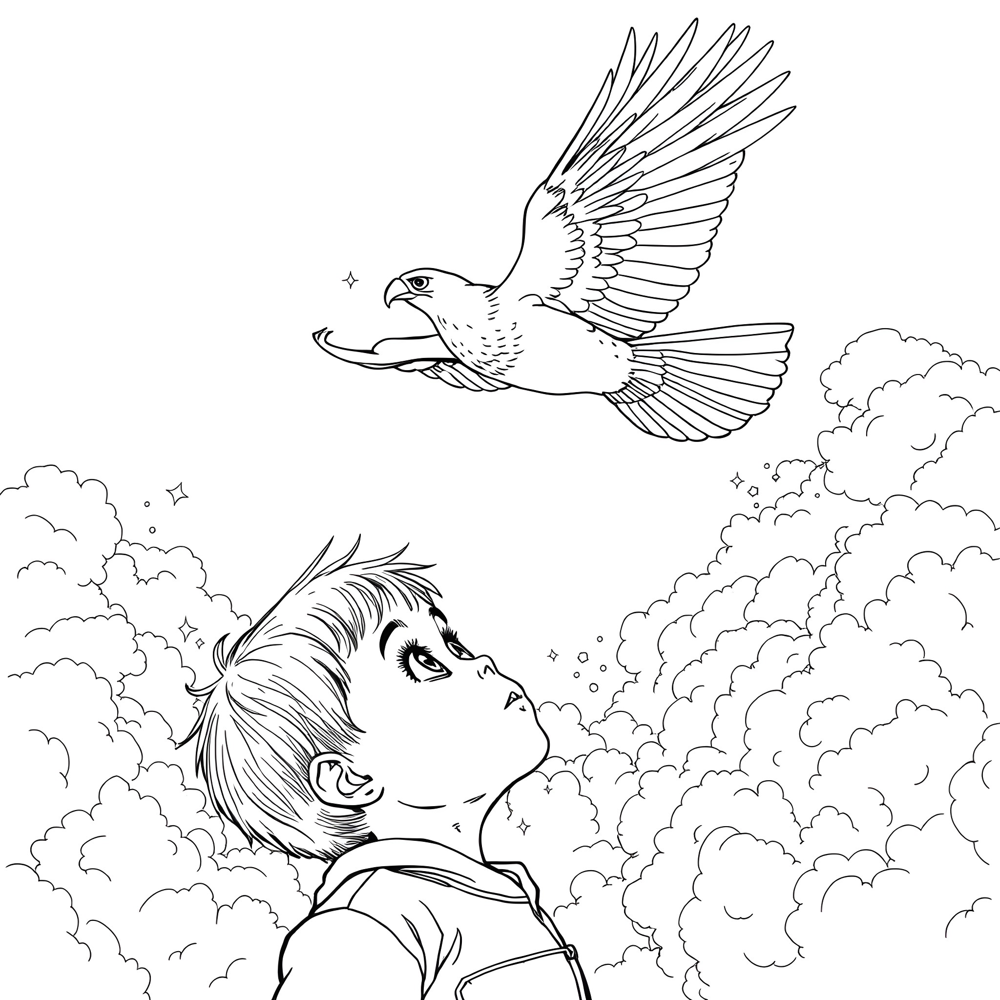 Child looking up at bird in the sky Coloring Page (free black-and-white line drawing printable PDF for all, from beginners to advanced learners, including children, teens, adults, and seniors)