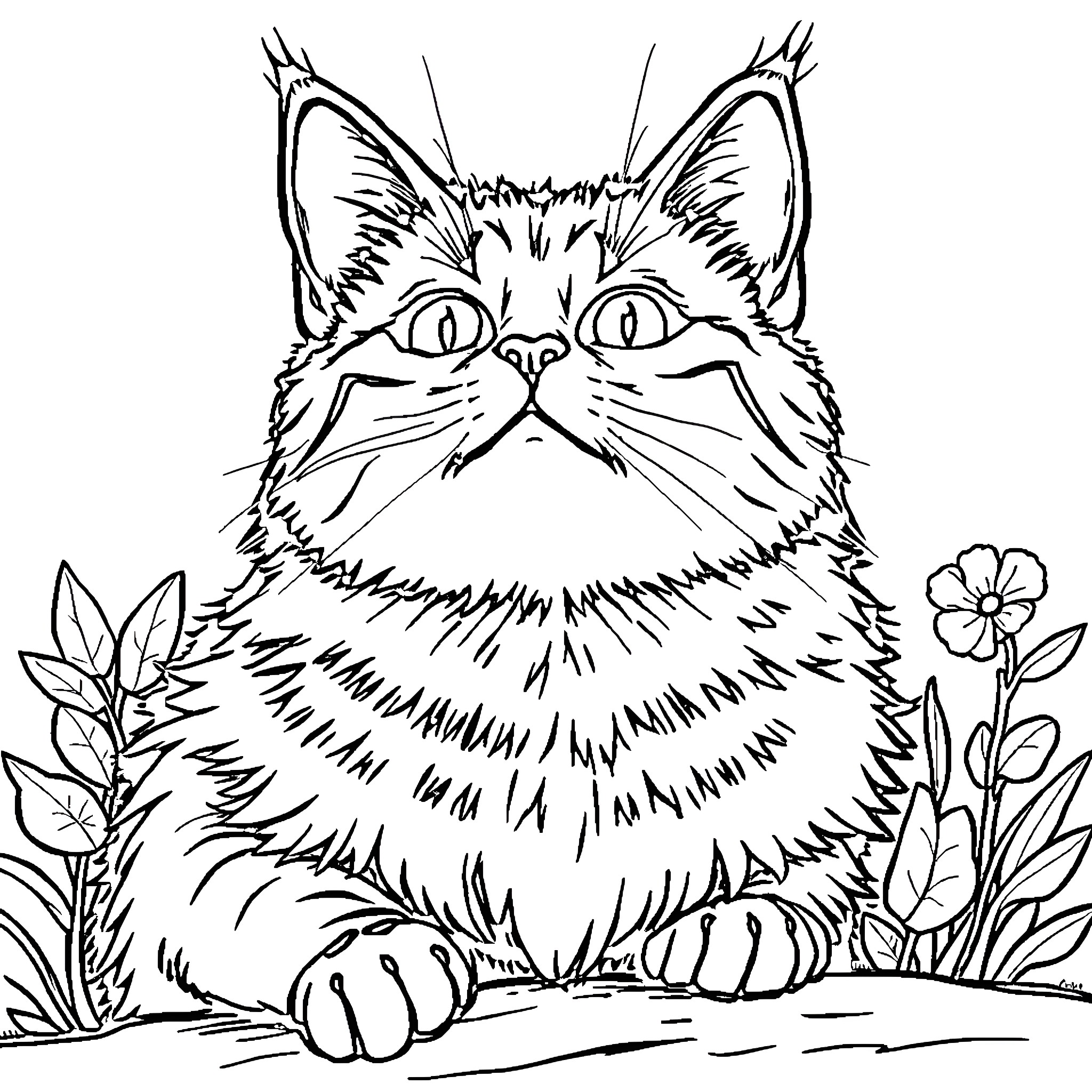Cat resting amid vibrant foliage Coloring Page (free black-and-white line drawing printable PDF for all, from beginners to advanced learners, including children, teens, adults, and seniors)