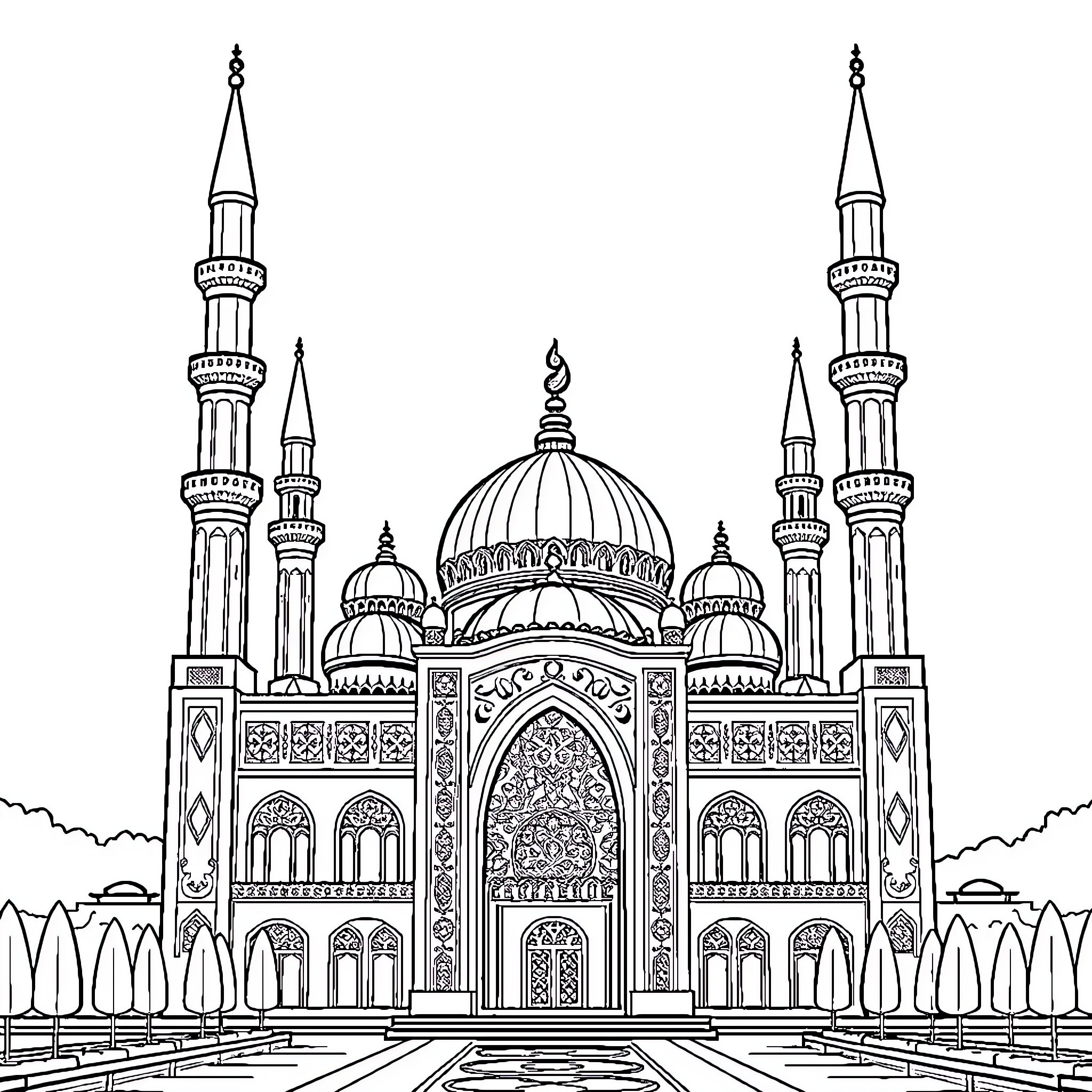 Islamic architectural masterpiece with intricate details Coloring Page (free black-and-white line drawing printable PDF for all, from beginners to advanced learners, including children, teens, adults, and seniors)