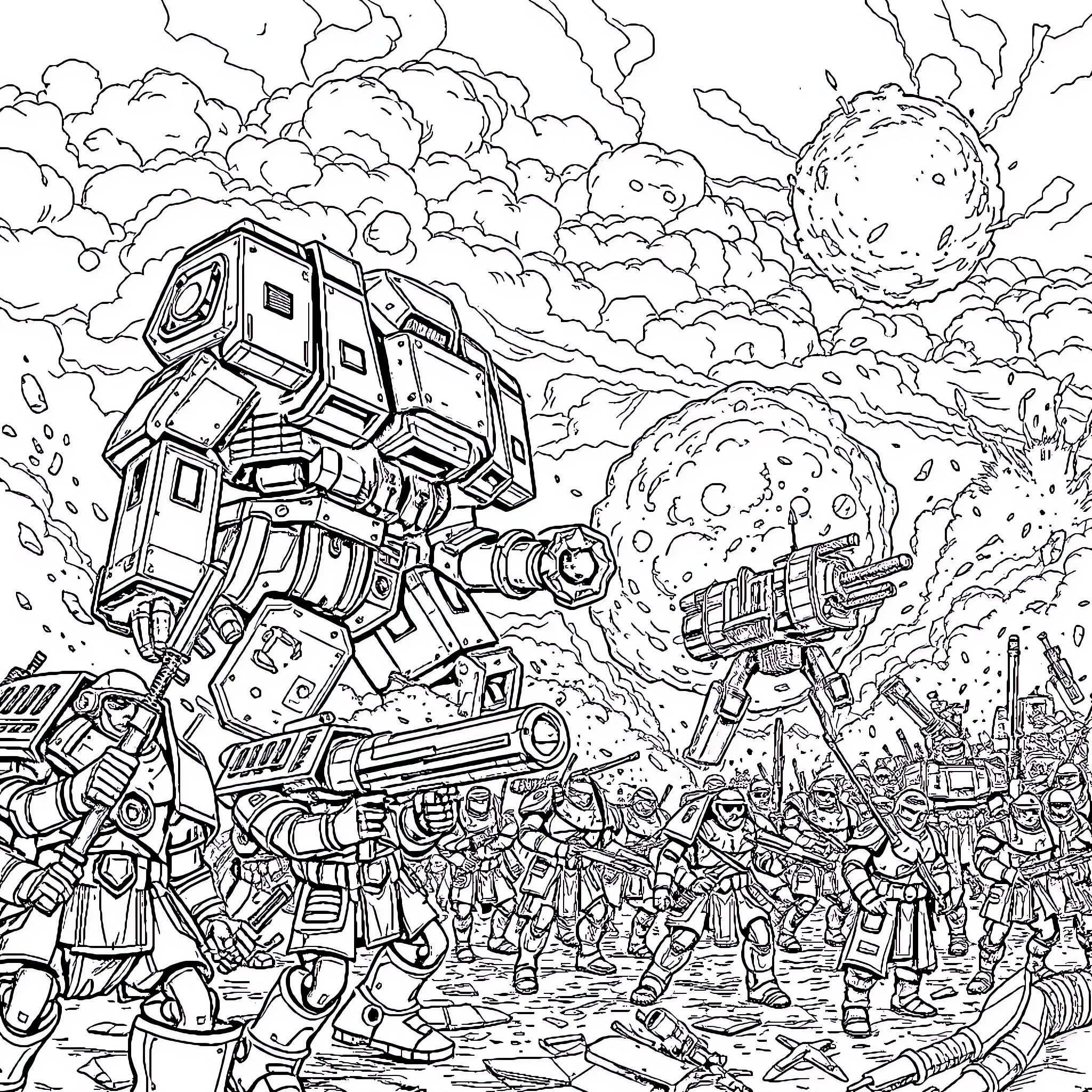 Warhammer: Mechanized Warfare on Alien Terrain Coloring Page (free black-and-white line drawing printable PDF for all, from beginners to advanced learners, including children, teens, adults, and seniors)