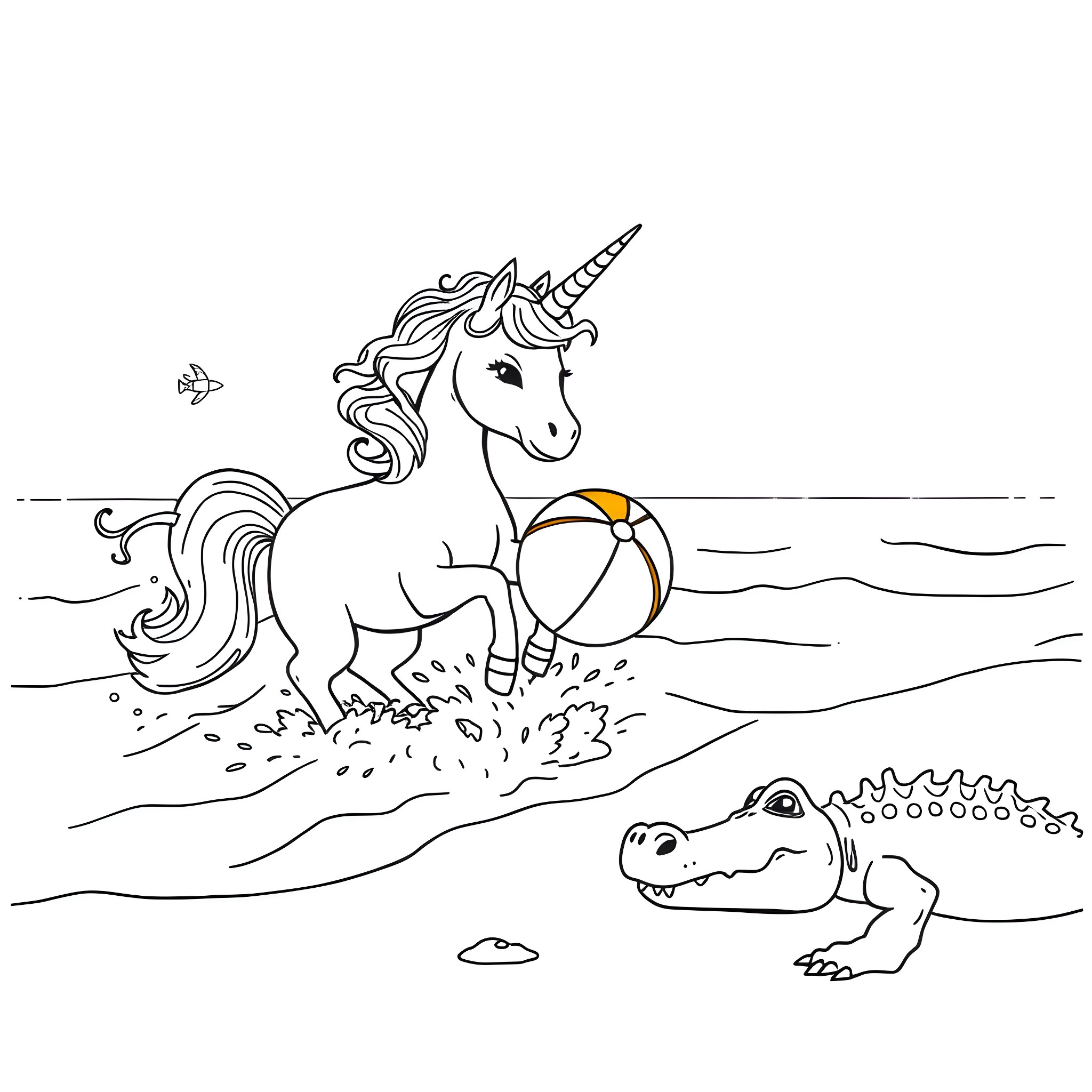Unicorn playing on the beach with a beach ball Coloring Page (free black-and-white line drawing printable PDF for all, from beginners to advanced learners, including children, teens, adults, and seniors)