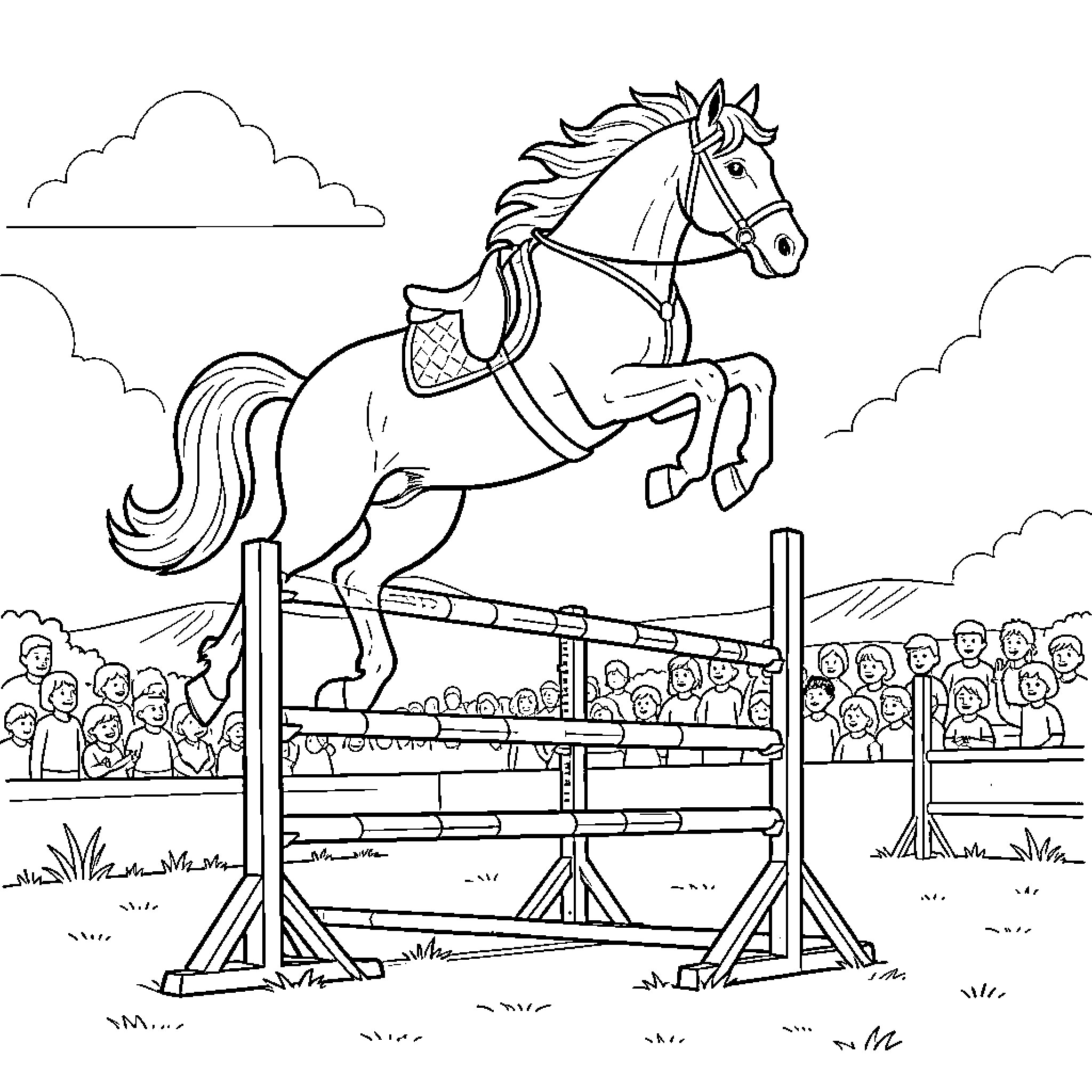 Horse jumping over a hurdle in front of a crowd Coloring Page (free black-and-white line drawing printable PDF for all, from beginners to advanced learners, including children, teens, adults, and seniors)