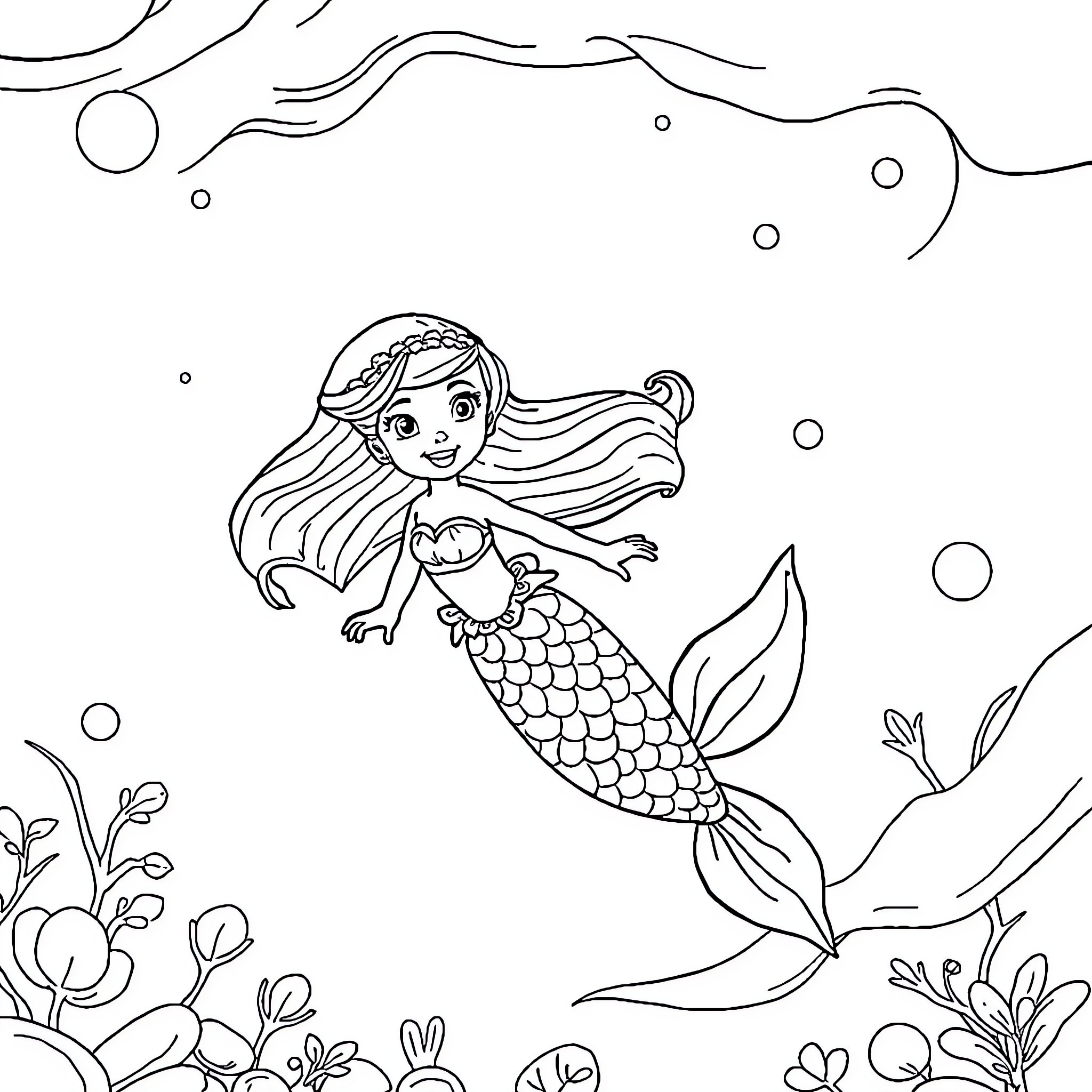 Mermaid swimming gracefully in the ocean Coloring Page (free black-and-white line drawing printable PDF for all, from beginners to advanced learners, including children, teens, adults, and seniors)