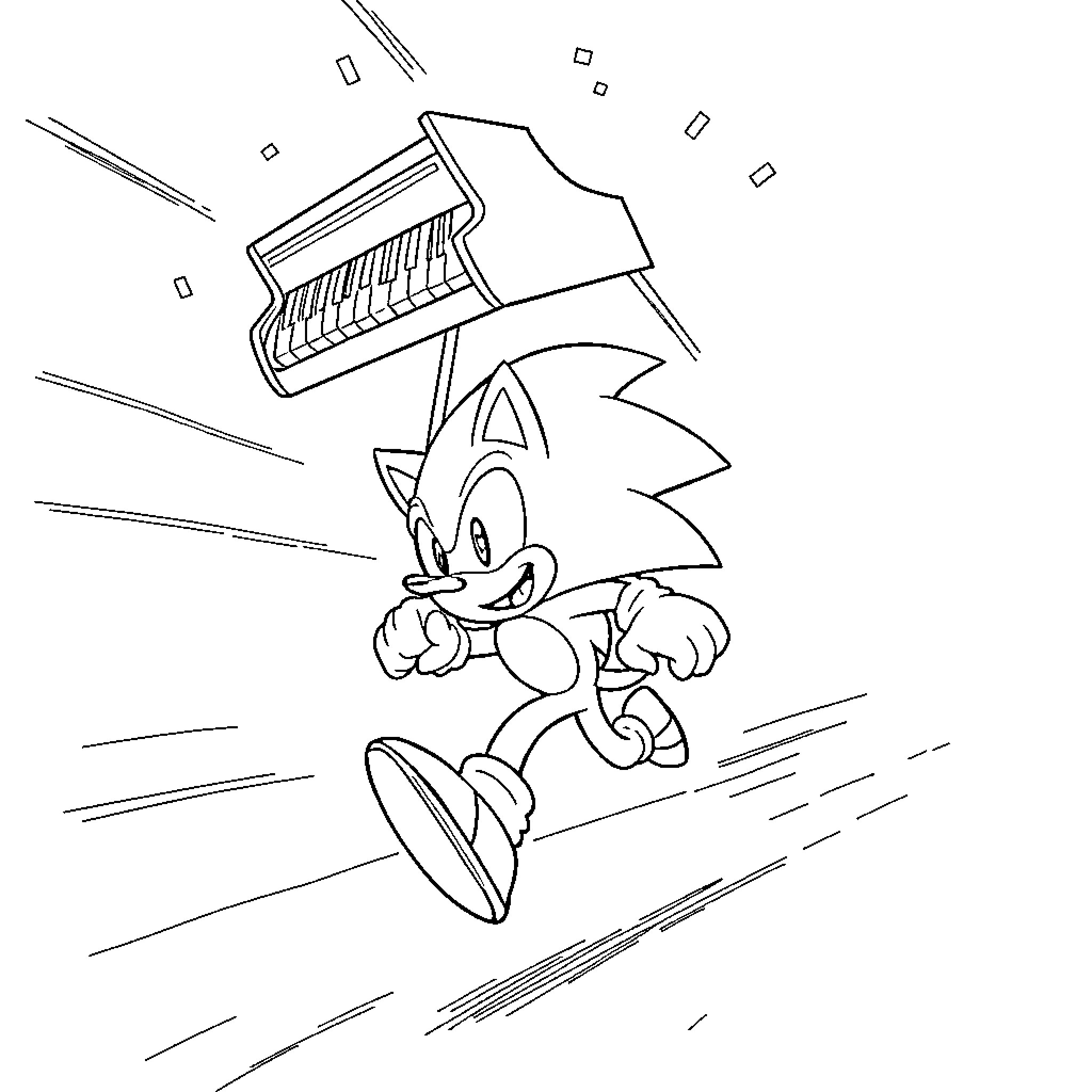 Sonic speeding through with a microphone Coloring Page (free black-and-white line drawing printable PDF for all, from beginners to advanced learners, including children, teens, adults, and seniors)