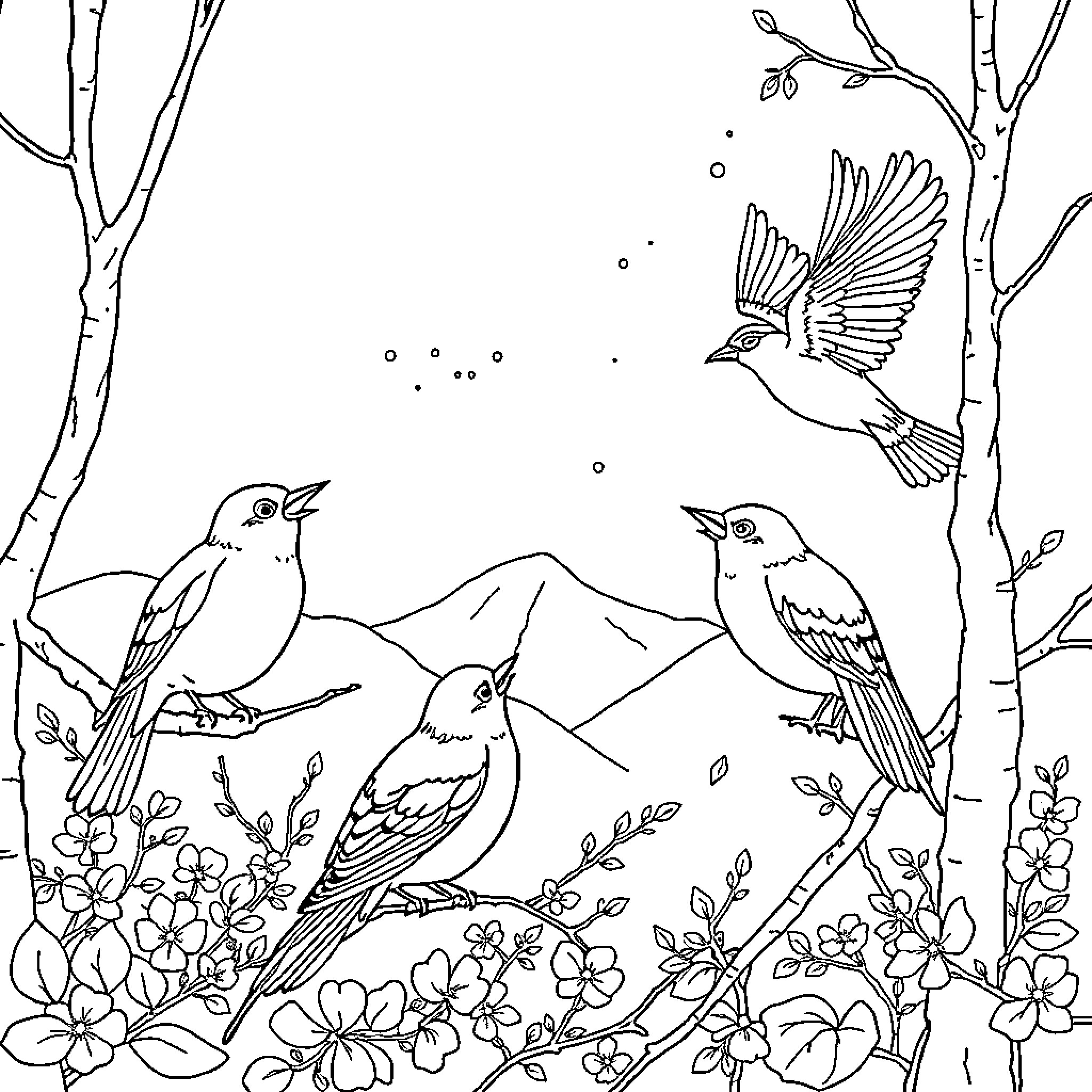 Birds perching on tree branches amidst flowers Coloring Page (free black-and-white line drawing printable PDF for all, from beginners to advanced learners, including children, teens, adults, and seniors)