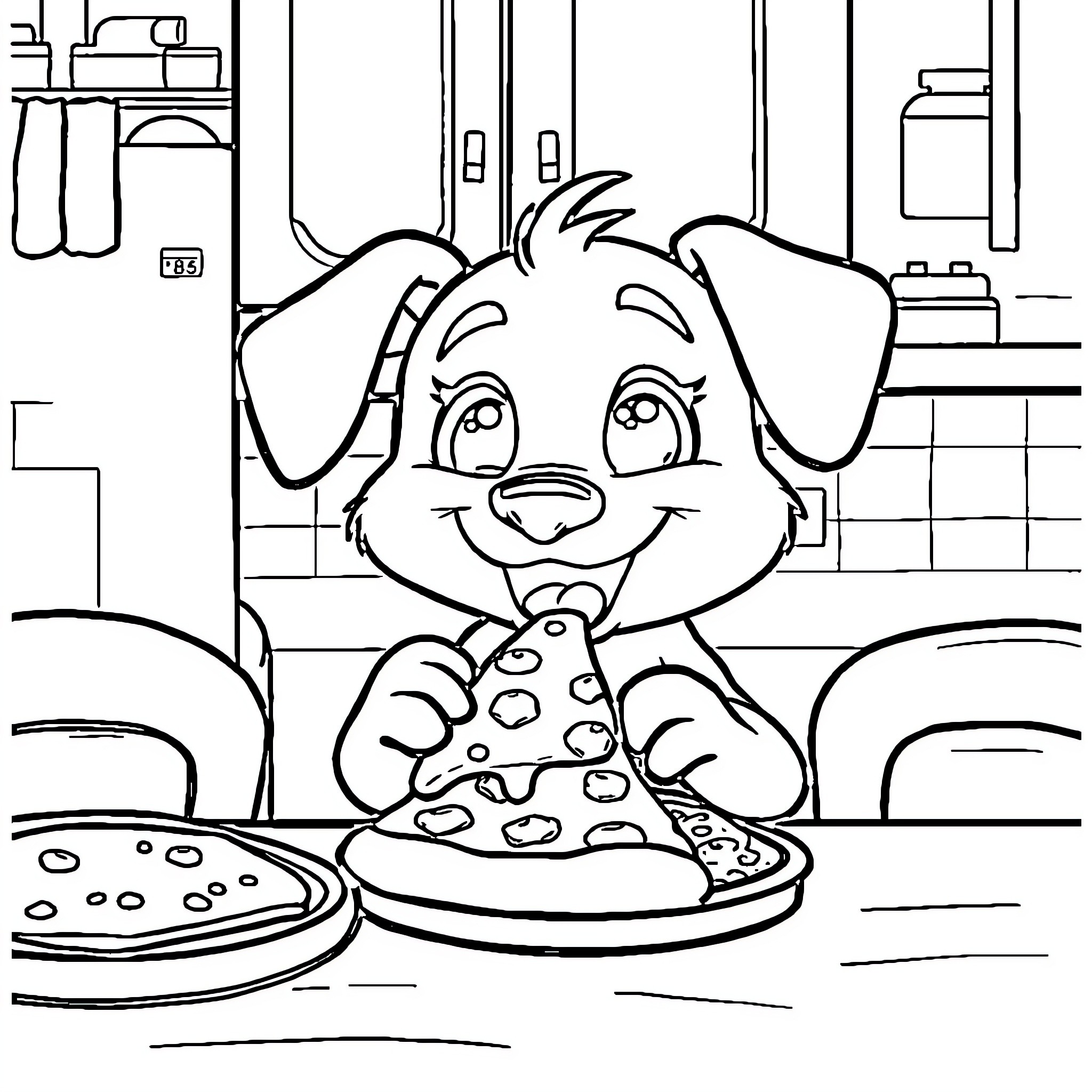 Bluey enjoys a tasty pizza in the kitchen Coloring Page (free black-and-white line drawing printable PDF for all, from beginners to advanced learners, including children, teens, adults, and seniors)