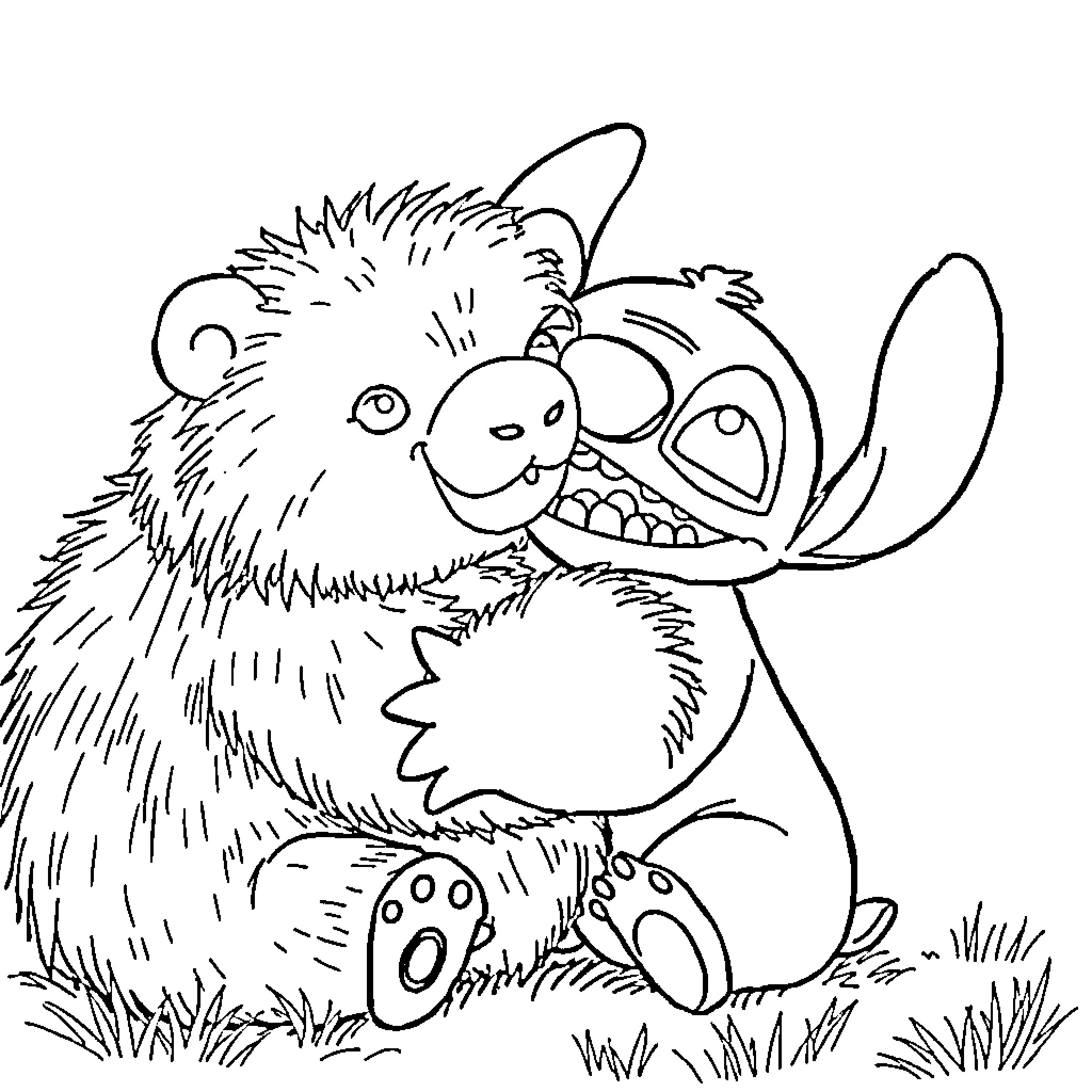 Stitch making a new friend in the meadow Coloring Page (free black-and-white line drawing printable PDF for all, from beginners to advanced learners, including children, teens, adults, and seniors)